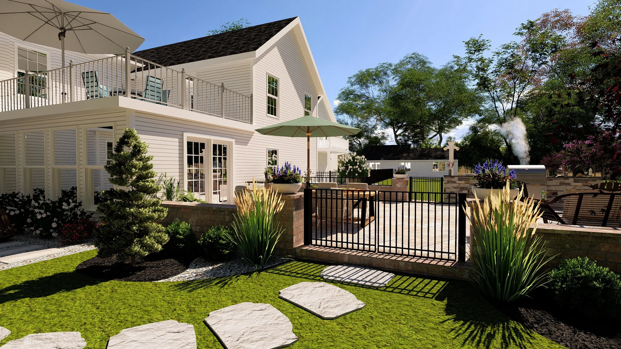 Rear Patio with Sitting Walls, Outdoor Kitchen and Landscape