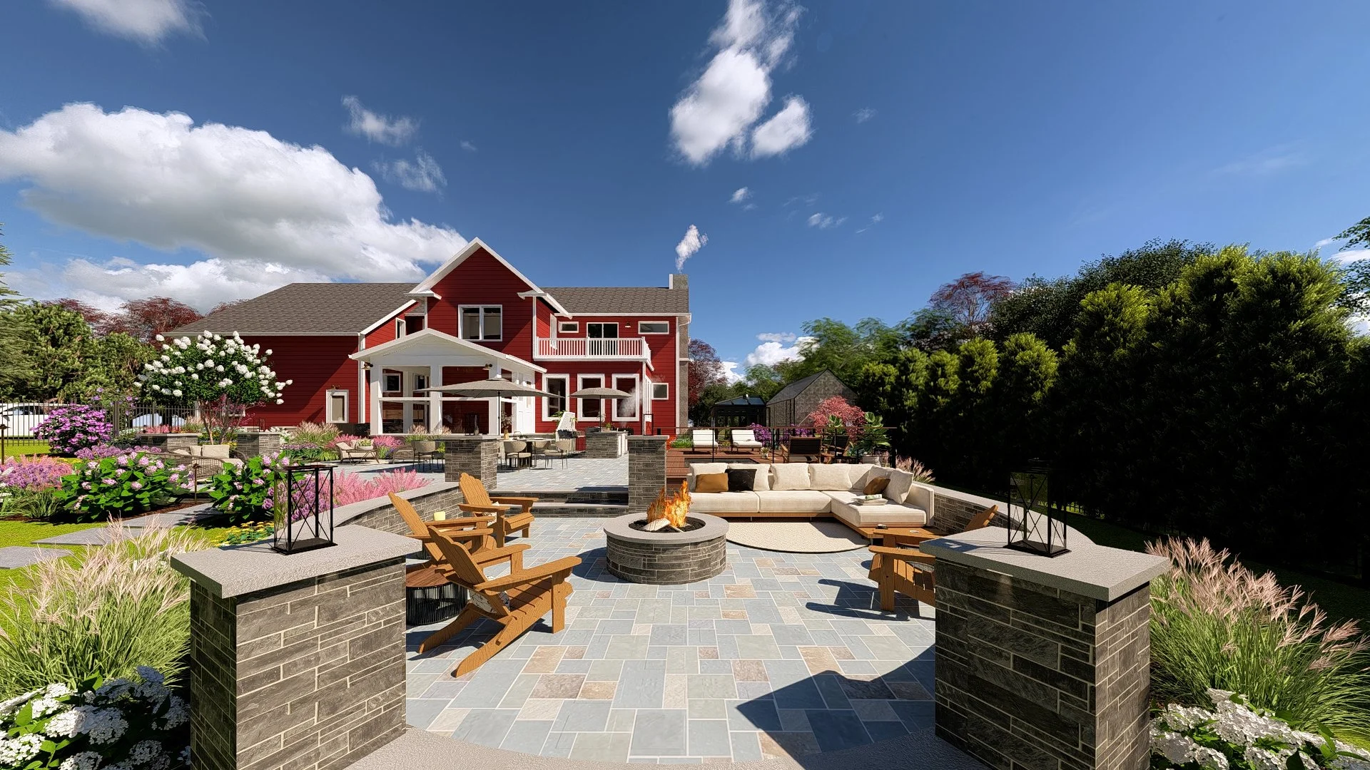 Natural Style Backyard with Bluestone Patio, Pool, Deck, Outdoor Kitchen and Fire Pit Area