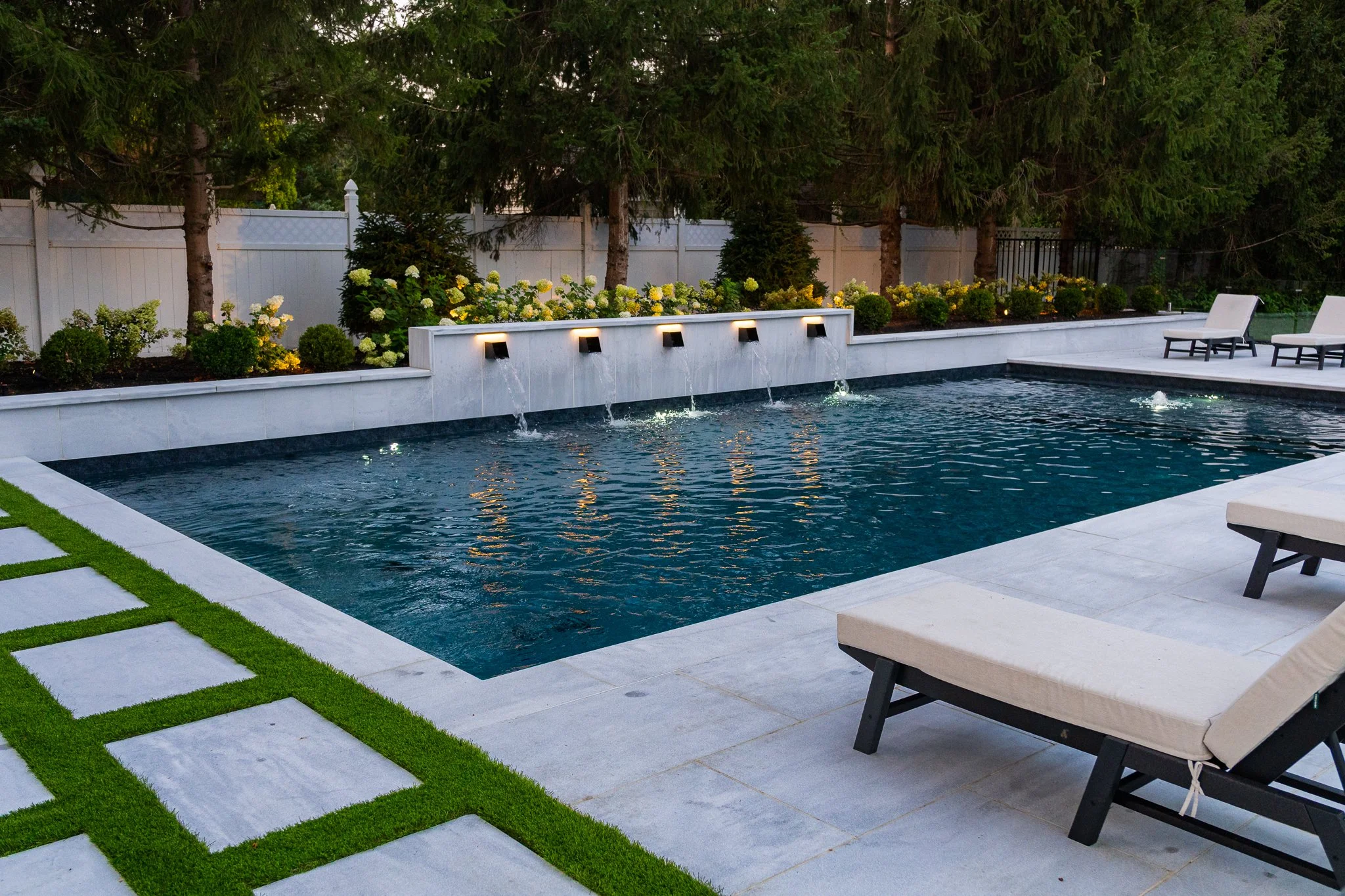 Toms River, NJ: Liner Pool with Water Feature, Marble Patio, Artificial Turf, Landscape & Lighting
