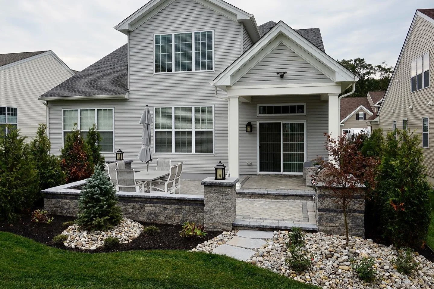 Freehold, NJ: Rear Paver Patio & Porch, Sitting Walls, Outdoor Kitchen, PIllars, Landscape