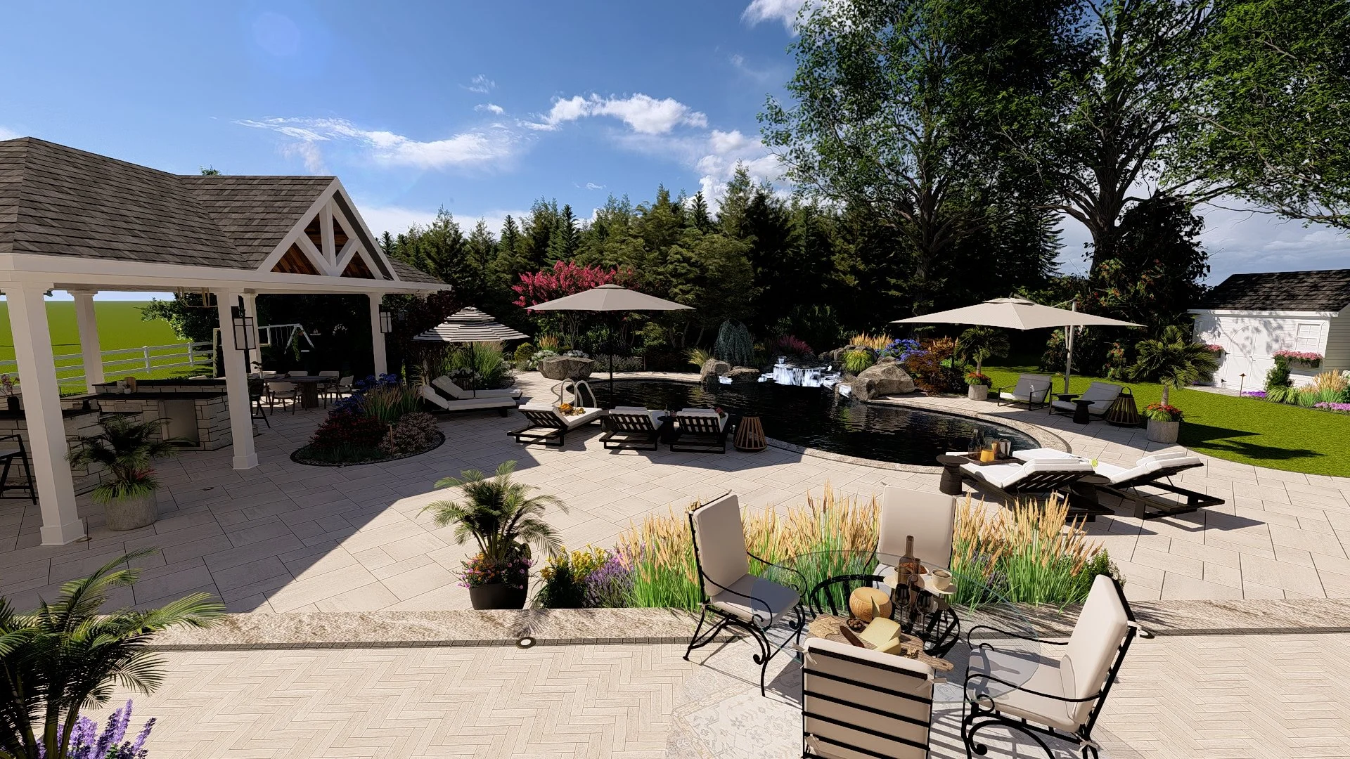 Pool, Patio, Pavilion, Outdoor Kitchen & Outdoor Fireplace