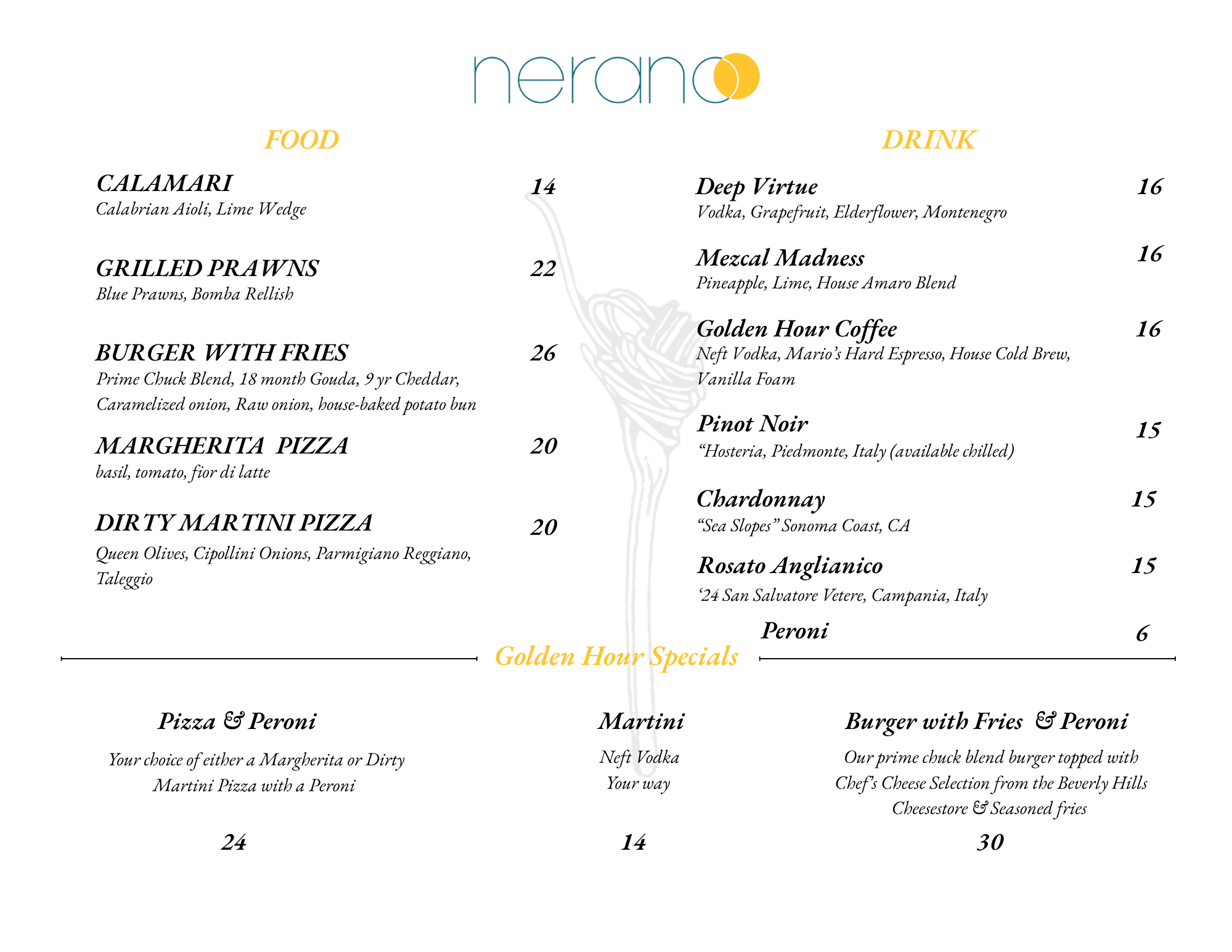Restaurant menu featuring food and drink options, including calamari, grilled prawns, Margherita pizza, Dirty Martini, Deep Virtue, Mezcal Madness, Golden Hour Coffee, Pinot Noir, Chardonnay, Rosato Anglianico, and several burger options.