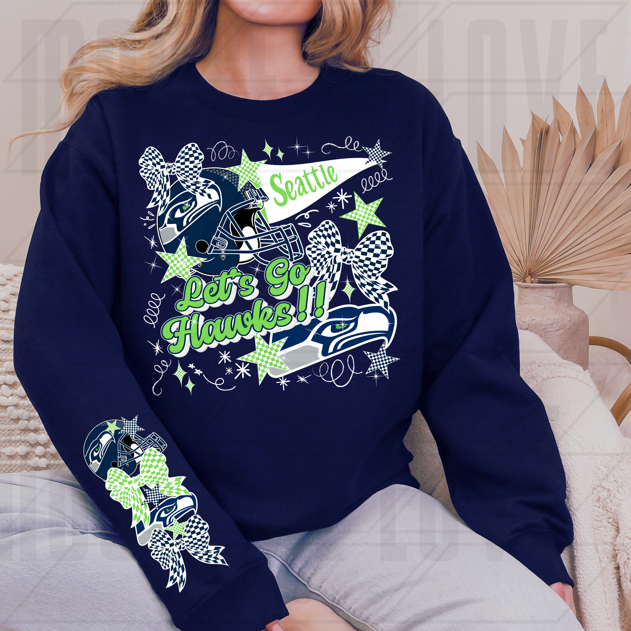 SEAHAWKS FOOTBALL LETS GO CHECKERED BOWS AND STARS DOODLE BUNDLE