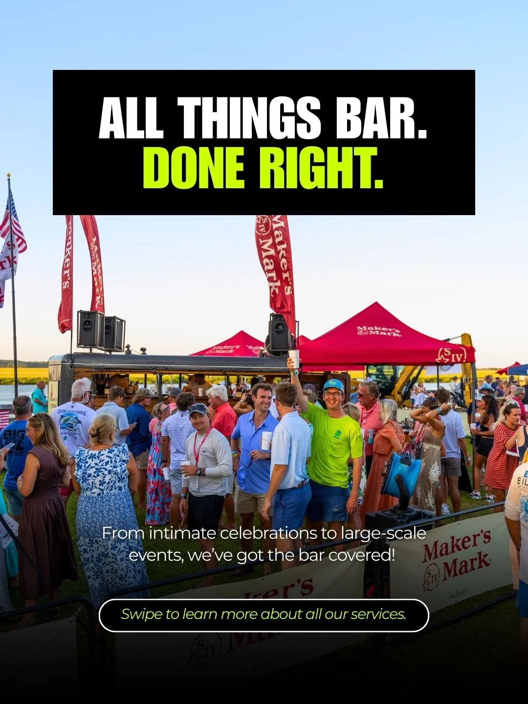 All things bar. Done right.

Corporate events, weddings, brand activations, concessions, custom builds, bartender staffing &mdash; executed seamlessly with style and precision.

Swipe to explore our services and see how we raise the bar.

Ready to ge