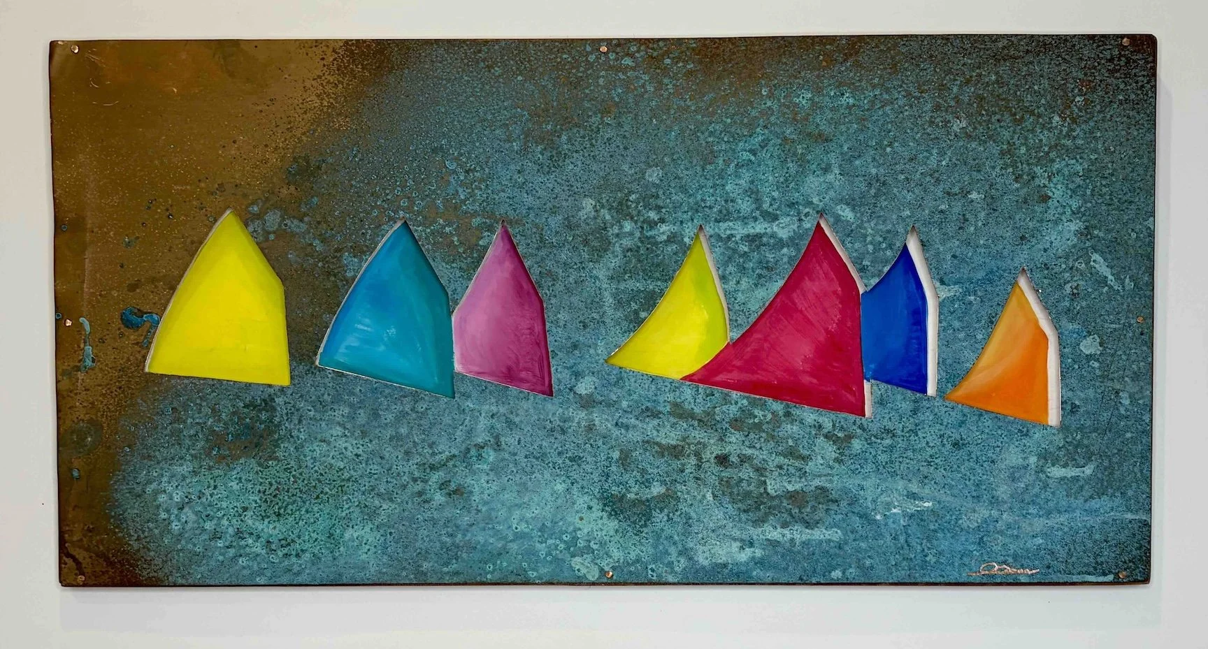 RAINBOW FLEET  •  18 x 36  hand-cut aged copper sheet, backed with hand-painted recycled sail. Mounted on mahogany frame using face-nailed copper boat tacks.  •  $6500
