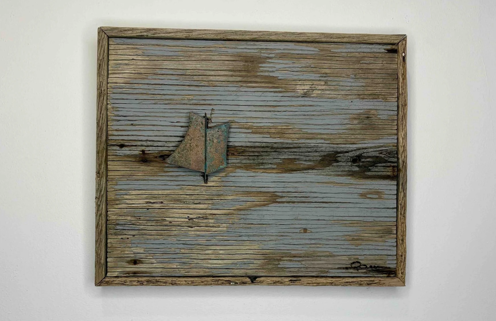 MOON RUNNER  •  10 x 12  Nauset Beach weathered painted plywood panel featuring hand-cut sails mounted in relief. Framed with reclaimed oak lobster pot staving and backed with recycled mahogany plywood.  •  $2200