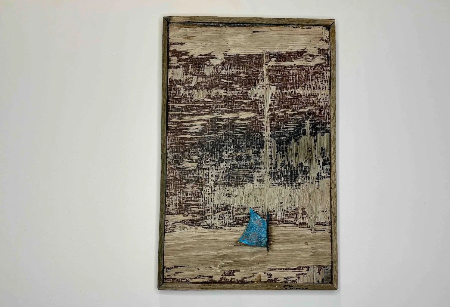 BLUE SAIL  •  20.5 x 13  found Nauset Beach weathered plywood with hand-cut copper sail detail in relief. Framed with reclaimed oak lobster pot staving and backed with recycled mahogany plywood.  •  $3200