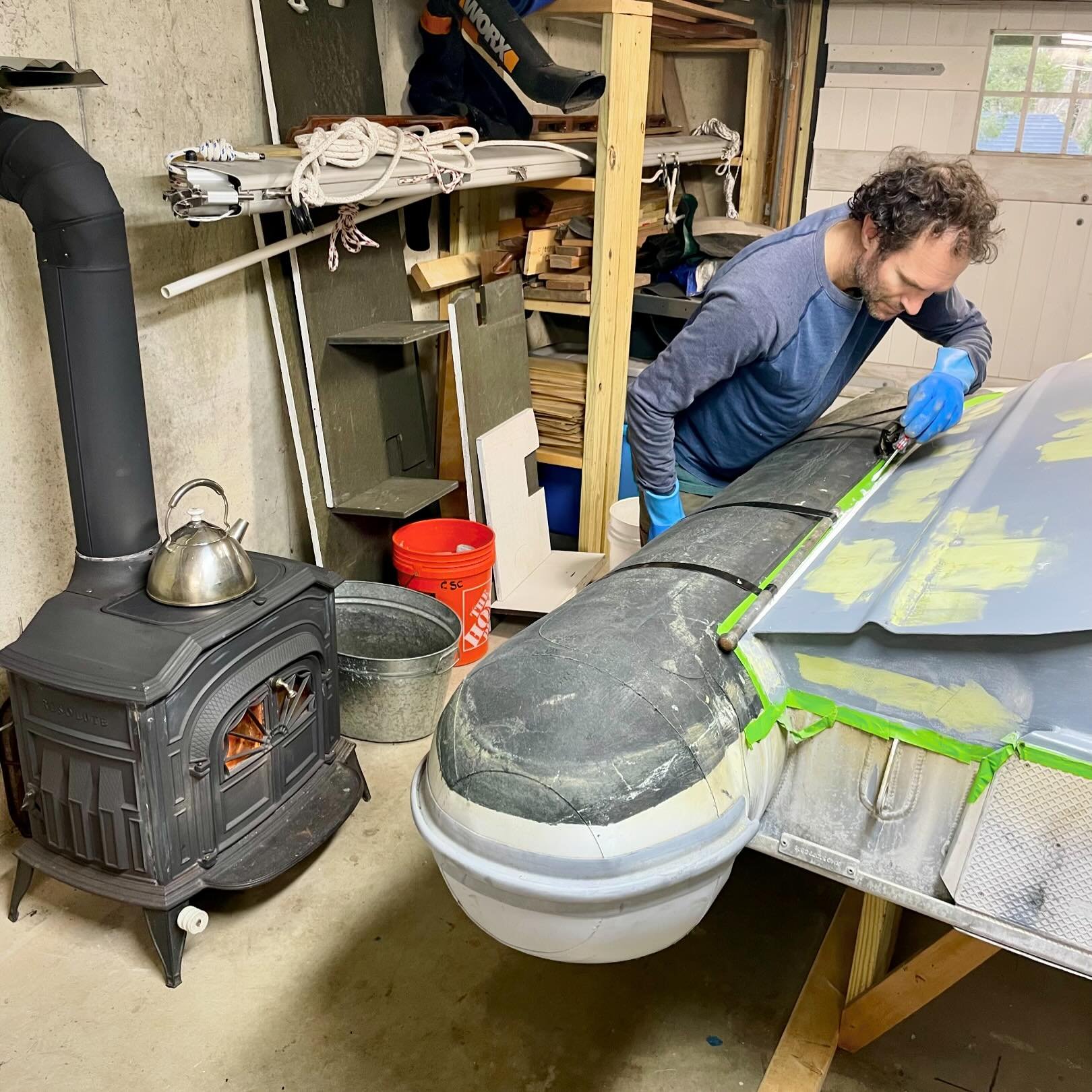 Winter workshop (aka garage) projects got a lot more enjoyable this year with the addition of our old Vermont Castings stove&hellip;but bare feet on the boat season is on the horizon! #summerdreaming &amp; #summerprepping &hellip;.we&rsquo;re doing b