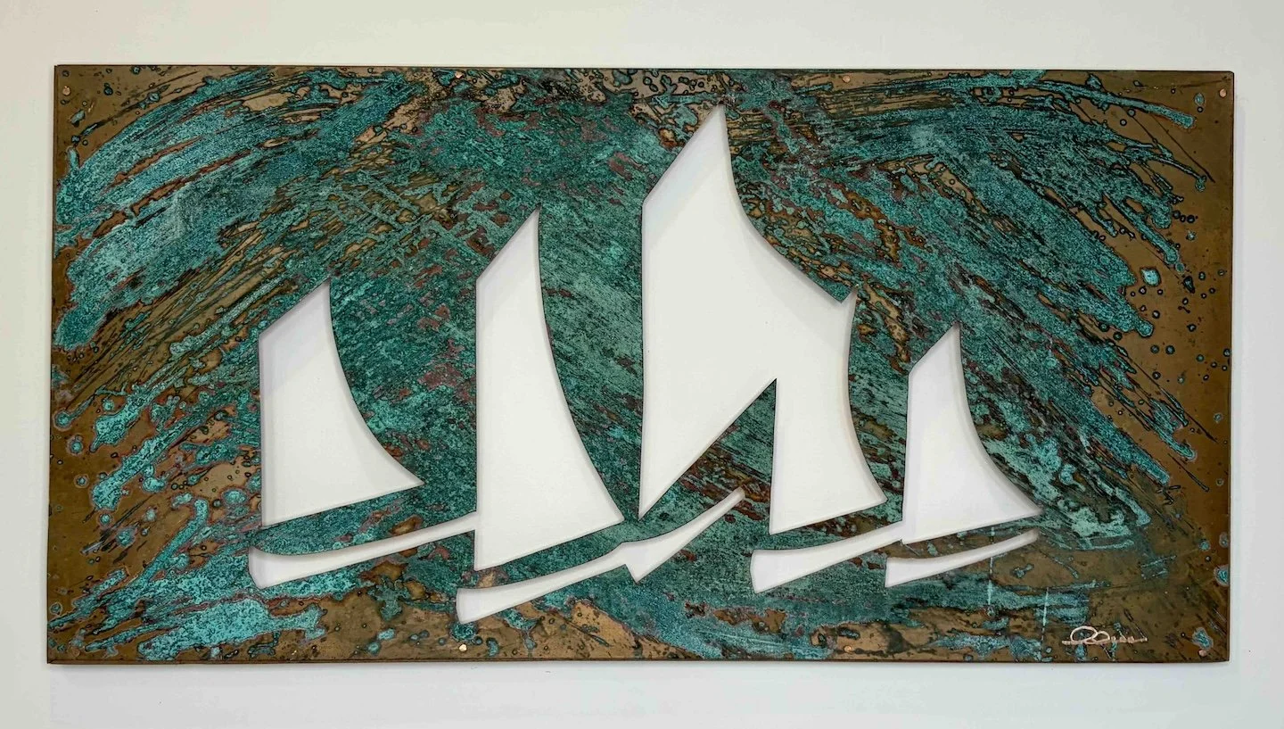 CATBOAT REGATTA  •  18 x 36.5  hand-cut aged copper panel, mounted on mahogany frame using face-nailed copper boat tacks.  •  $4500