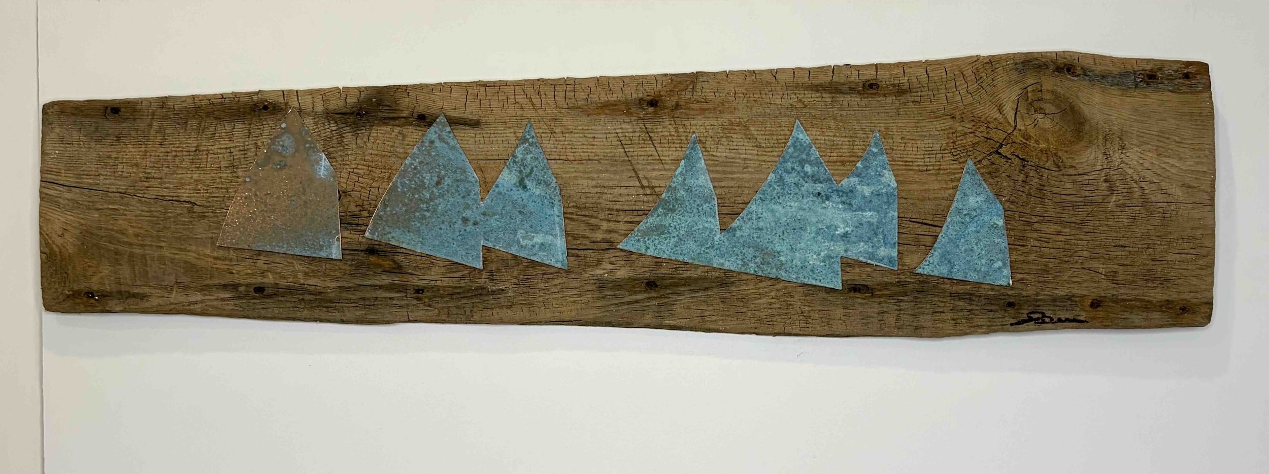 GAFFERS  •  10.5 x 44.5  aged copper cut-outs mounted with copper boat tacks on driftwood plank.  •  $1900