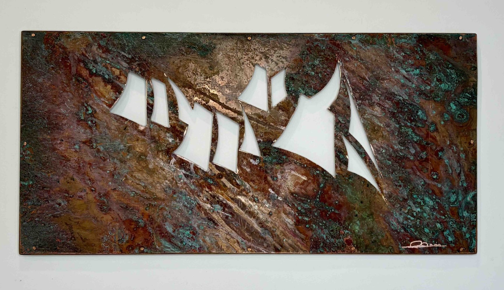 DOWNEAST  •  16 x 33  vintage copper sheet, mounted on mahogany frame using face-nailed copper boat tacks.  •  $4500