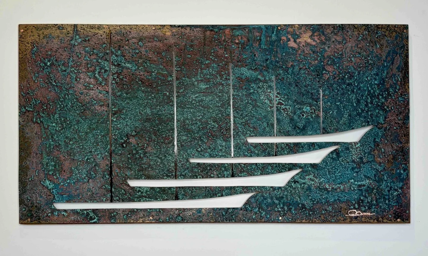 GHOST SCHOONERS  •  18.5 x 36 aged copper panel, cut-out hulls and "burnished" spars. Mounted on mahogany frame using face-nailed copper boat tacks.  •  $4500