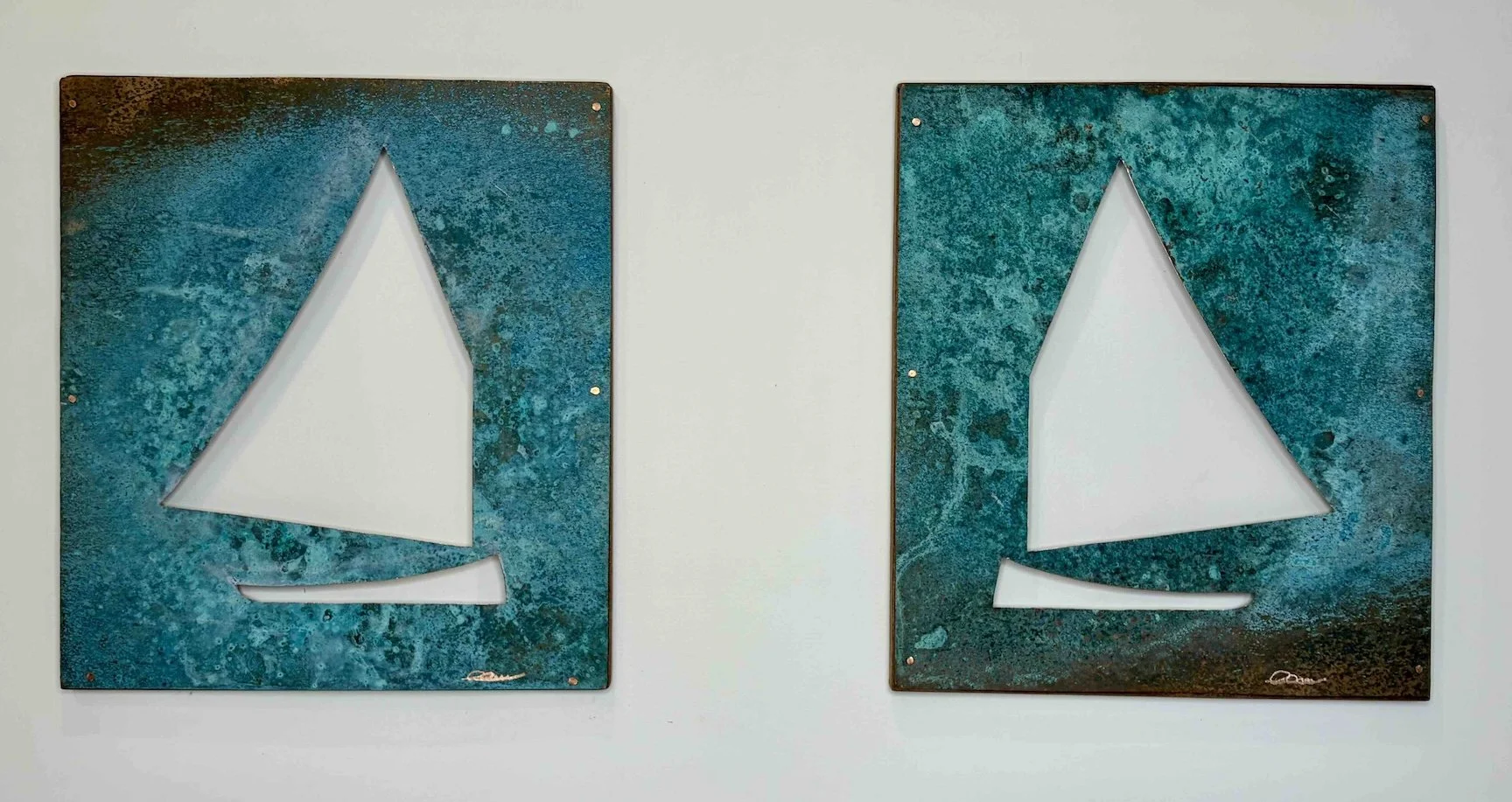 CATBOAT REFLECTION  •  18 x 16 diptych, aged copper panels mounted on mahogany frames using face-nailed copper boat tacks.  •  $4500