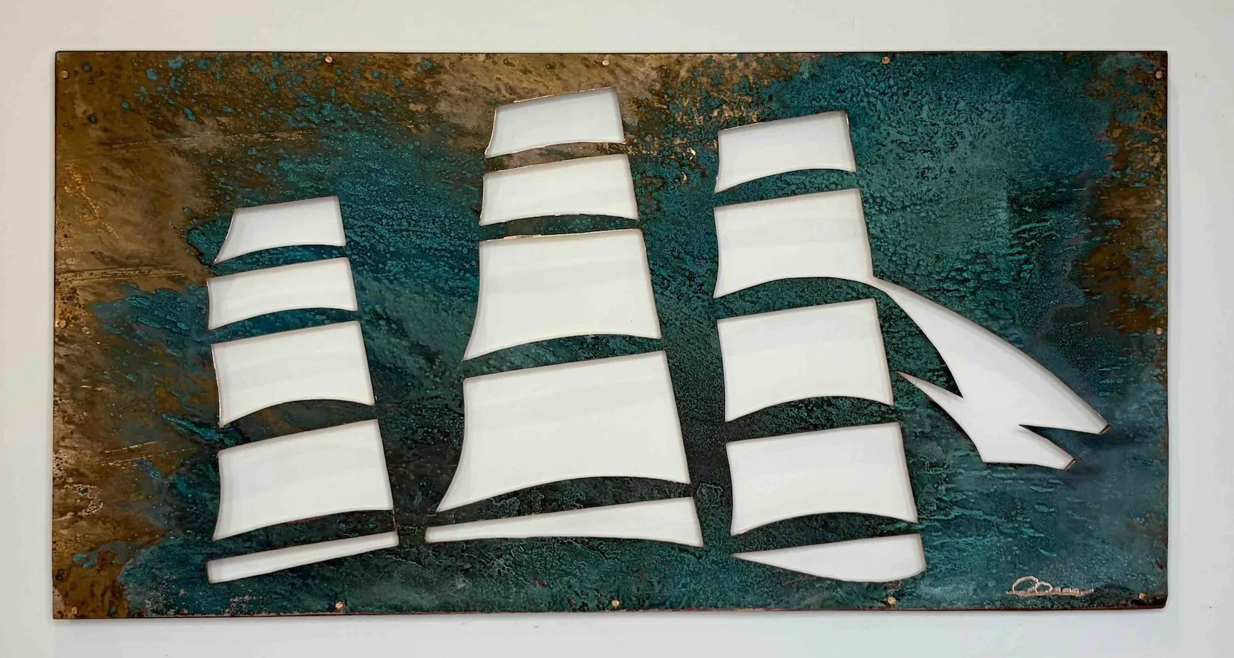 HEAVY WATER  •  18 x 36  hand-cut on aged copper panel, mounted on mahogany frame using face-nailed copper boat tacks.  •  $5500