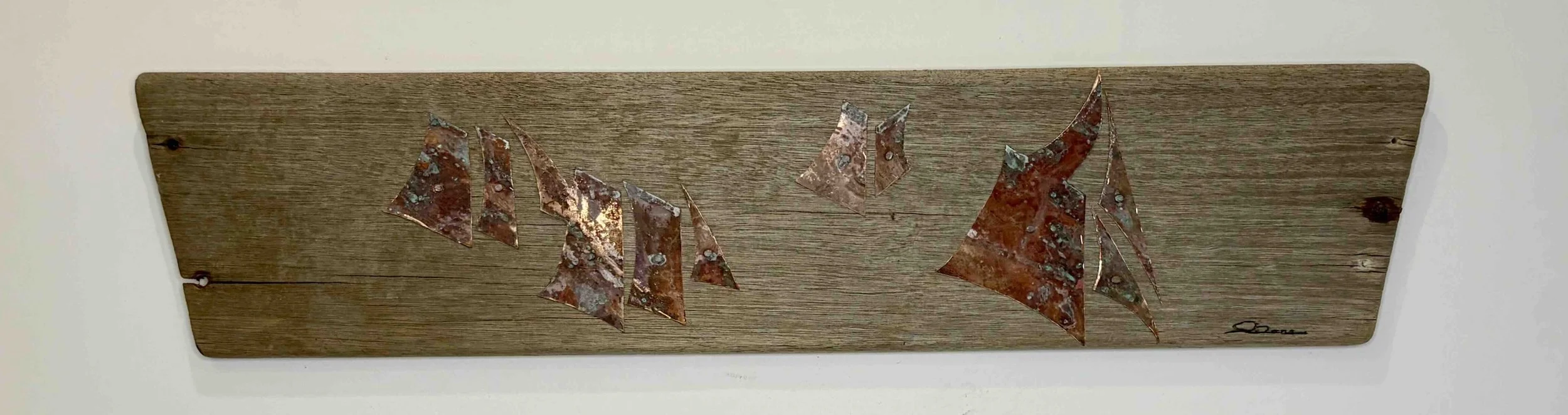 TANBARK SAILS  •  8.5 x 38  aged copper cut-outs mounted with boat tacks to reclaimed curved mahogany panel.  •  $1900