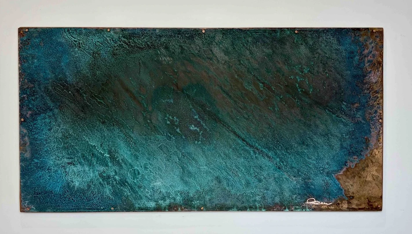 BIG BLUE  •  18 x 36  aged 24-gauge copper sheet, mounted on mahogany frame using face-nailed copper boat tacks.  •  $3500