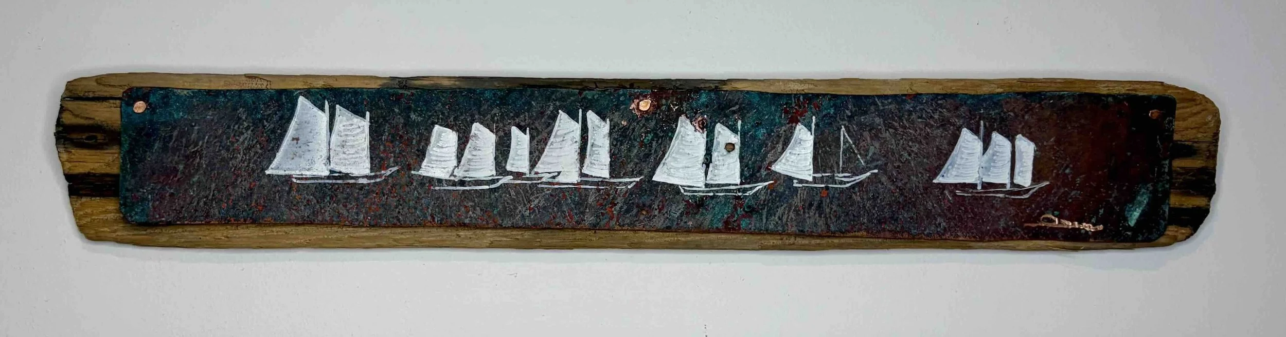 HERRING FLEET  •  3.5 x 22  hand-painted on weathered copper and mounted on Nauset Beach driftwood.  •  $650