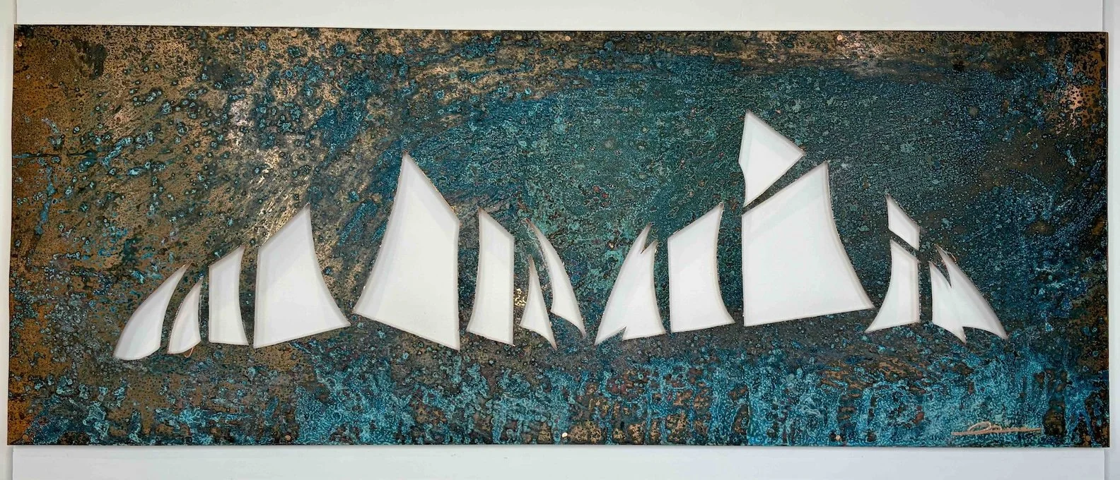 PEAKS  •  hand-cut aged copper panel mounted on mahogany frame using face-nailed copper boat tacks.  •  $6500