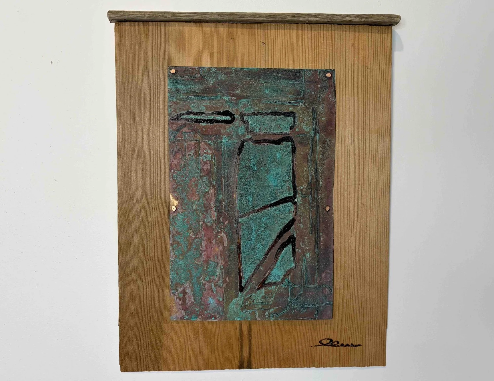 SHADOW HERON  •  18 x 14  aged and burnished copper design. Mounted with copper boat tacks to reclaimed cedar shake and capped with reclaimed oak lobster pot staving.  •  $1500