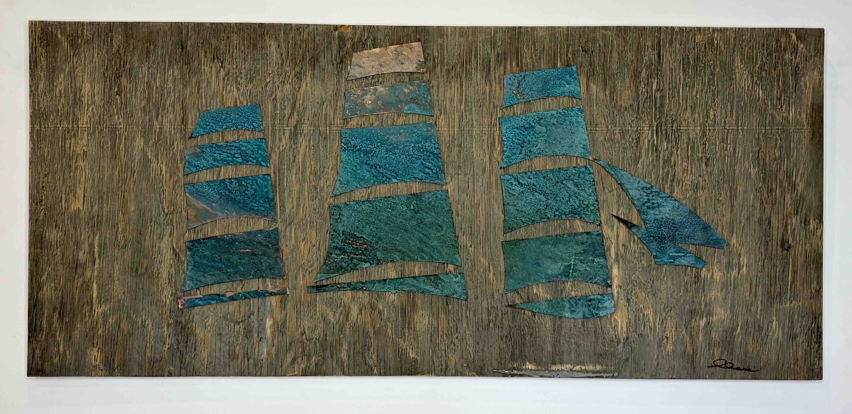 GREY LADY  •  19.5 x 44  aged copper cut-outs mounted on reclaimed weathered 3/4" plywood panel.  •  $3500