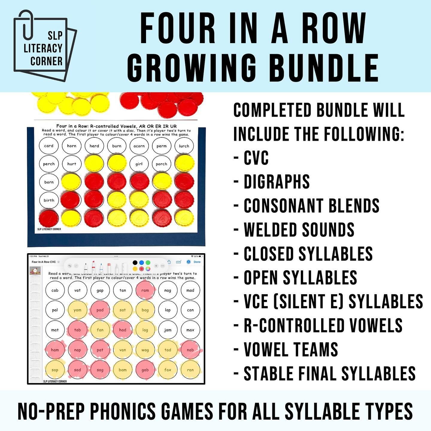 Four in a Row Phonics Games GROWING BUNDLE!

✨ 50% off April 15th for the #Apr24HalfOffSpeech sale on TPT ✨ 

‼️This is the lowest price you will ever see for this growing bundle. The bundle price increases with each new set that is added. Stable fin