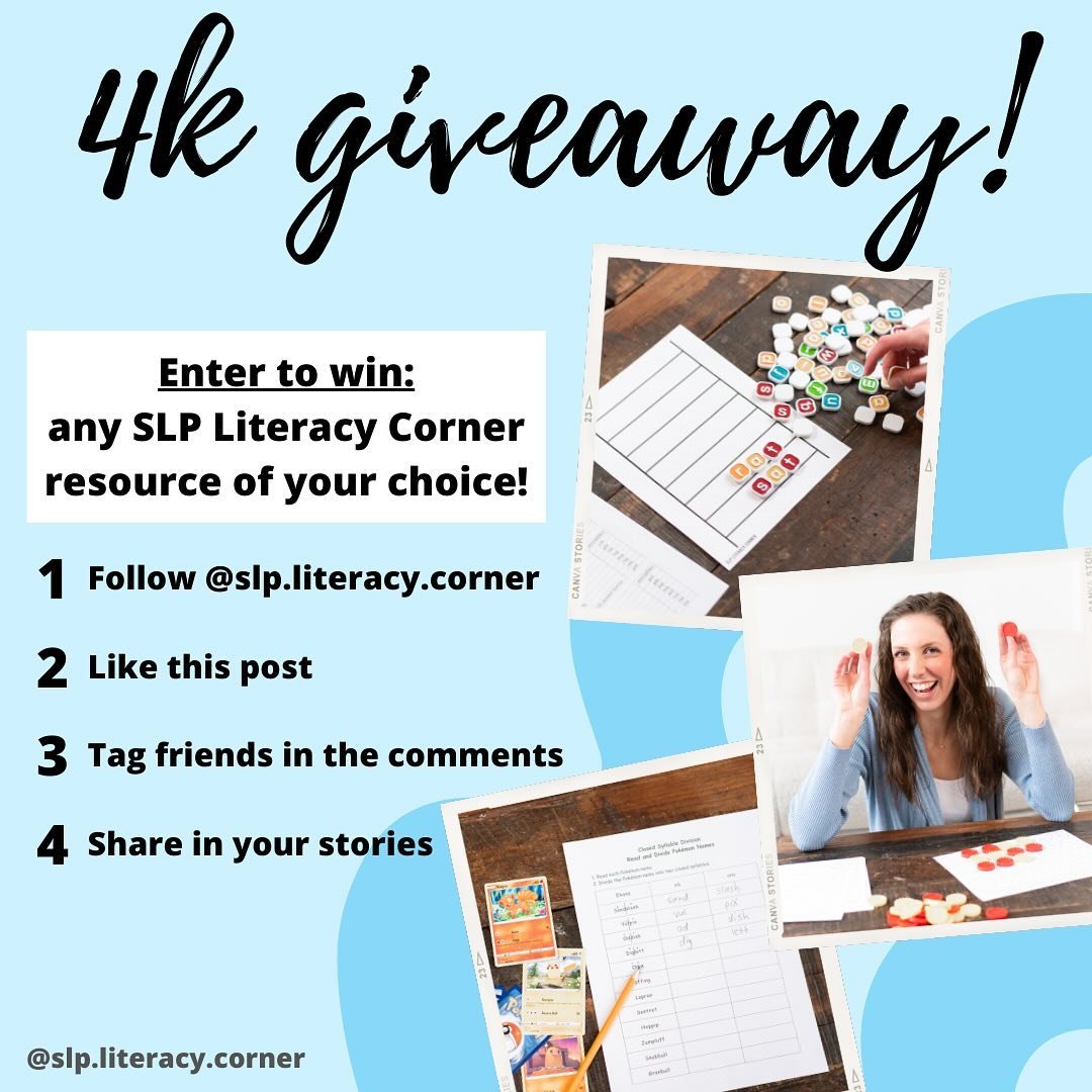 🎉 4K G I V E A W A Y 🎉

Do you want some new literacy resources for F R E E ⁉️

To celebrate 4K followers, 4 lucky W I N N E R S will be gifted A N Y single SLP Literacy Corner resource of their choice!! (excluding bundles)

Follow these steps to e