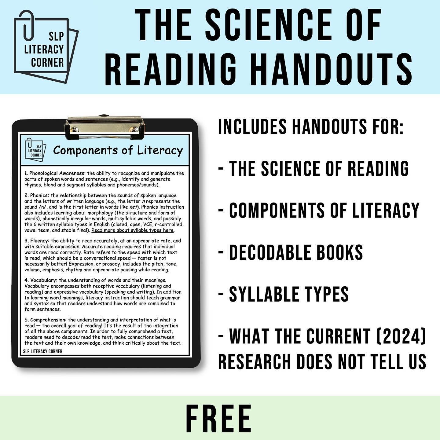 ✨UPDATED✨ FREE Science of Reading Handouts

💡Make sure everyone at your school or on your team is informed about the science of reading (SOR) - the collection of research from multiple disciplines (e.g., psychology, neuroscience, education) that pro