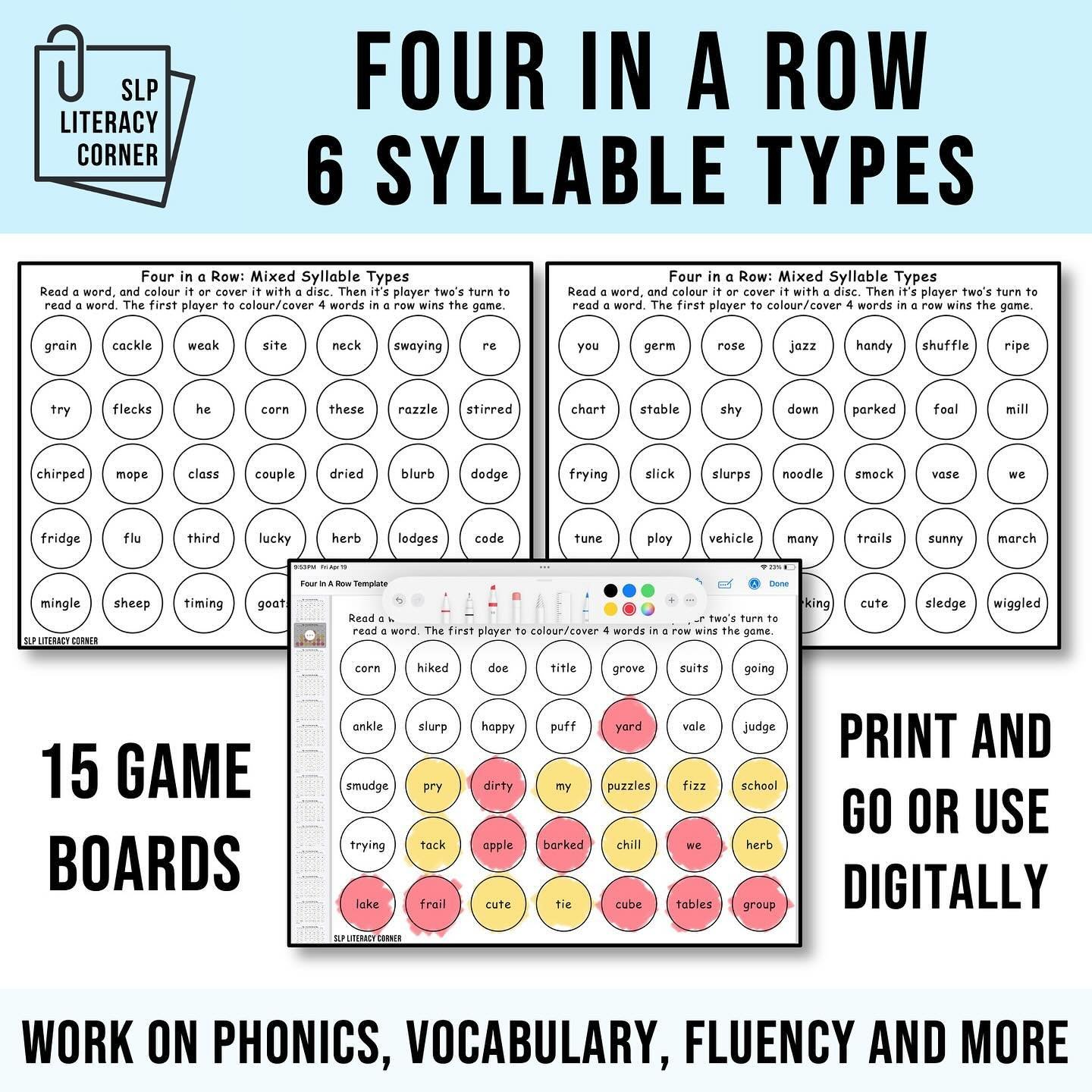 ✨NEW✨ Four in a Row Mixed Syllable Types Review!

Grab these four in a row games, and EVERYTHING in the SLP Literacy Corner store, for 25% off using the code THANKYOU24 (May 7 &amp; 8) 🎉

🤩 Comment GAMES if you want the link to these no-prep game b