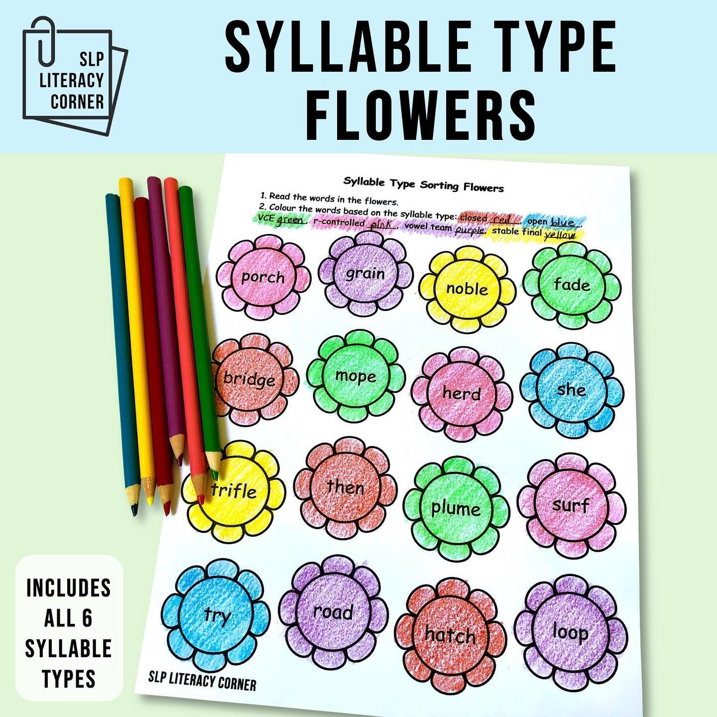 April showers bring May syllable type flowers! 🌸

📝 Perfect for spring, these worksheets are perfect for teaching and reviewing the 6 main written syllable types: closed, open, magic e (VCE), r-controlled, vowel team, stable final (CLE). 

📝 The f