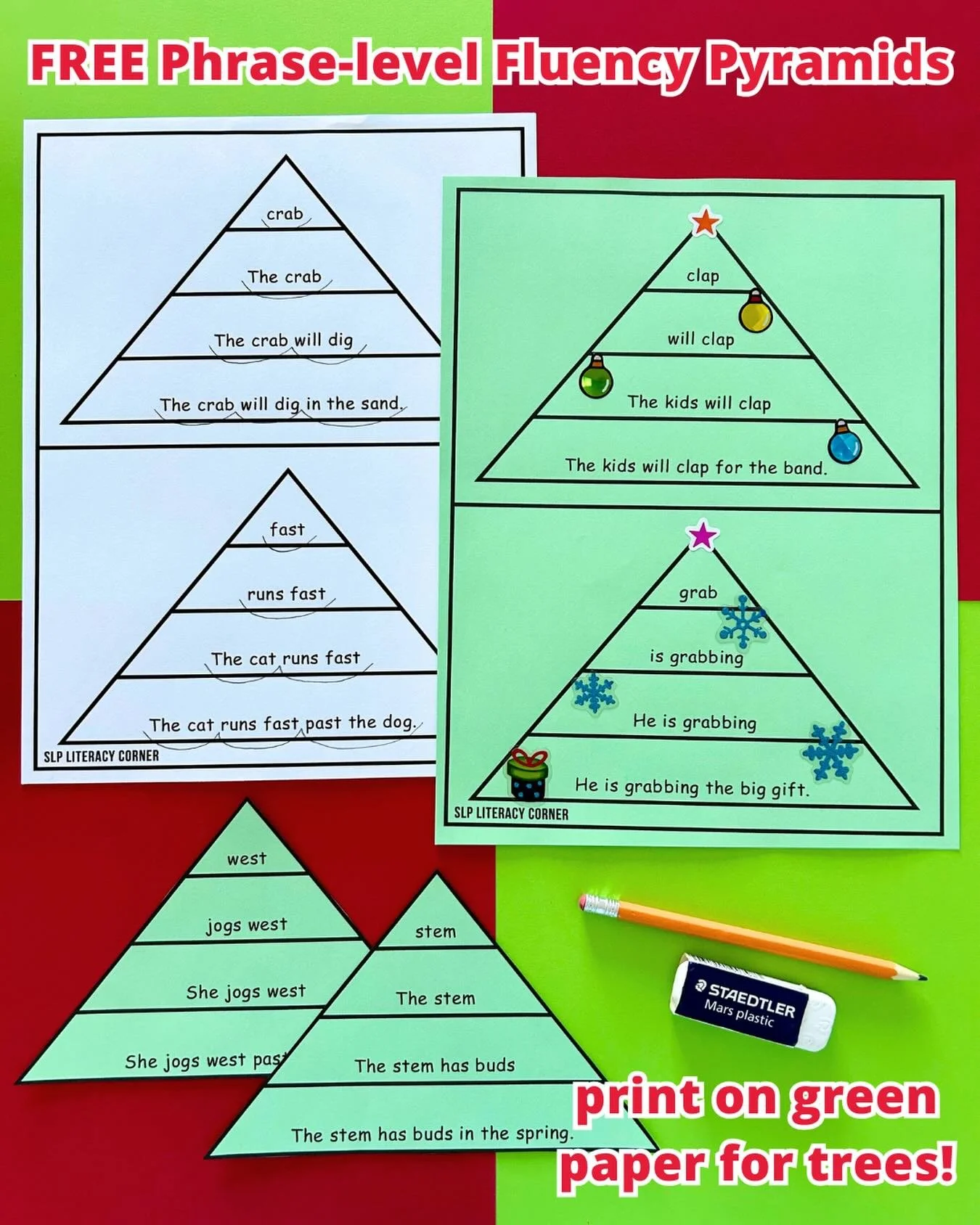 🎄 NEW FREEBIE! 🎄

✨ Help students build reading fluency with these FREE phrase-level fluency pyramids/trees!

💡 Quick tip: print any fluency pyramids on green paper to create trees for the holiday season! Students can even decorate with stickers a