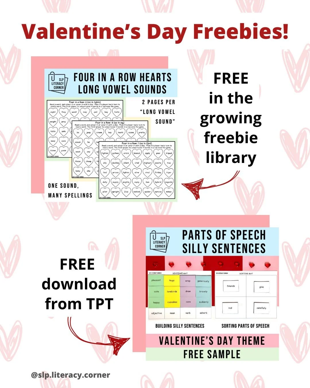 FREE Valentine&rsquo;s Day activities! 😍

An early valentine from me to you, 
Not just one freebie, but two! 

1️⃣ Four in a Row Hearts (in the SLP Literacy Corner growing freebie library)

❤️ These FREE heart-shaped four in a row game boards focus 