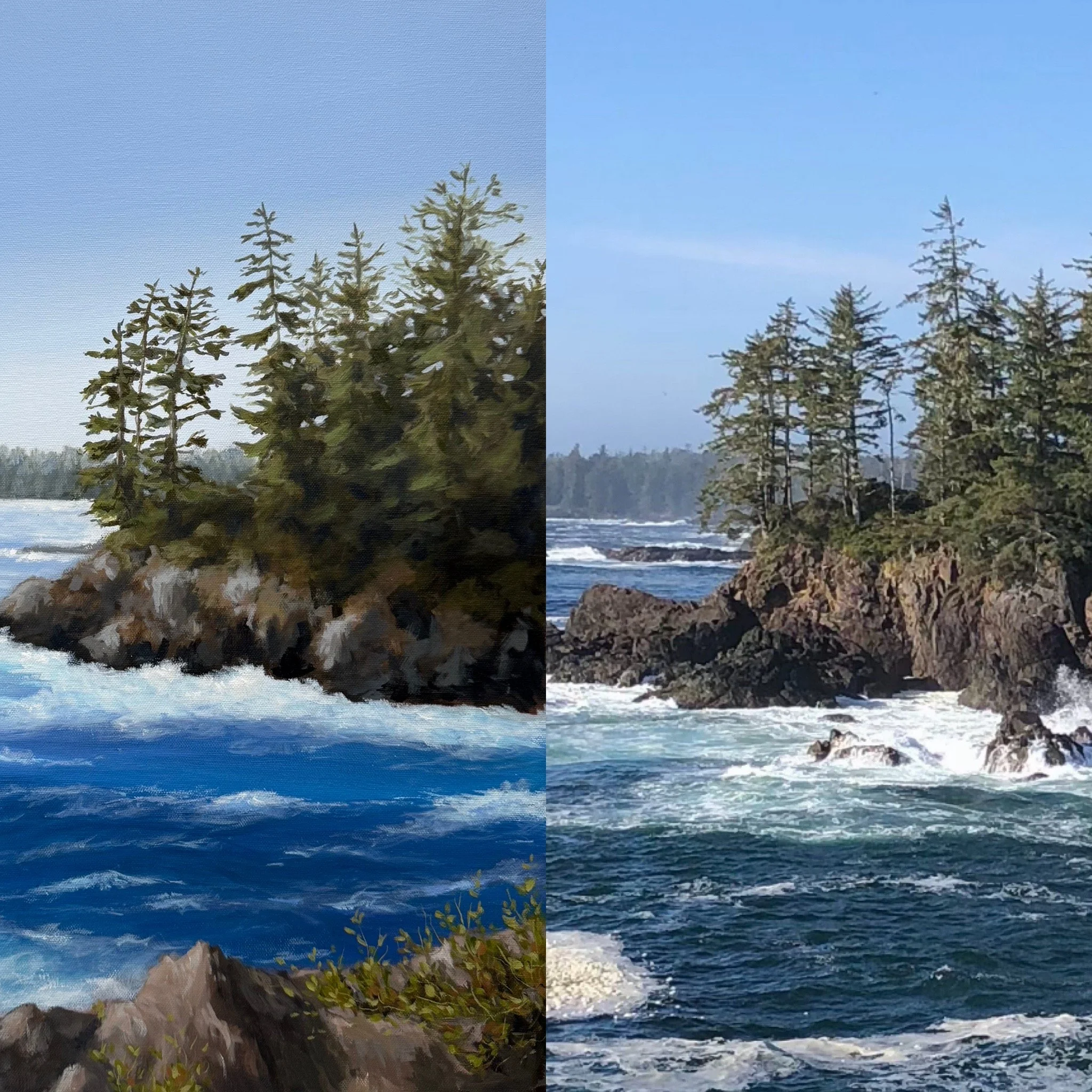 Comparison of two landscape images featuring coastlines with rocky shores, evergreen trees, and ocean waves under a blue sky.