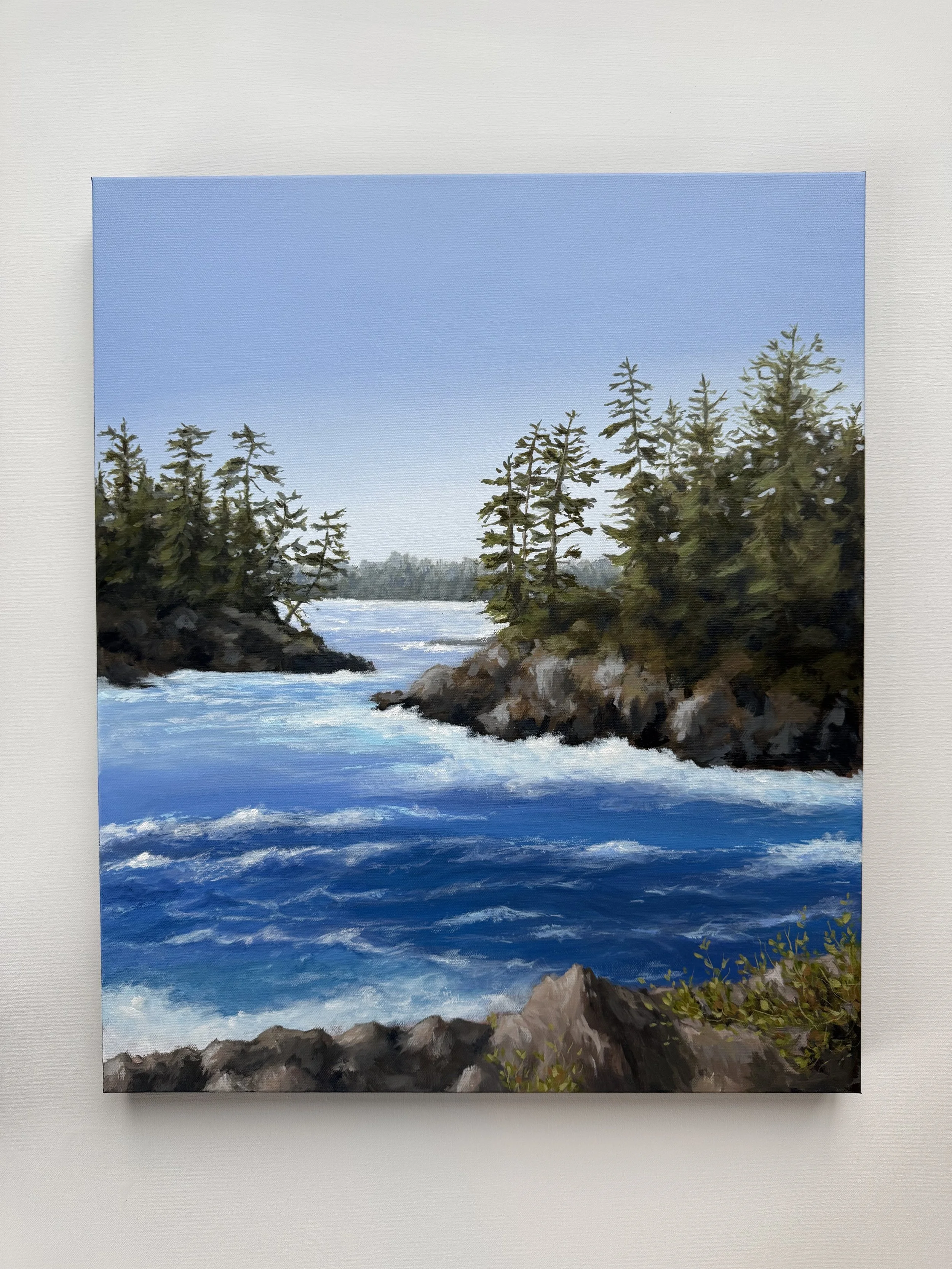 A painting of a scenic river landscape with turquoise water flowing between rocky cliffs covered with pine trees under a clear blue sky.