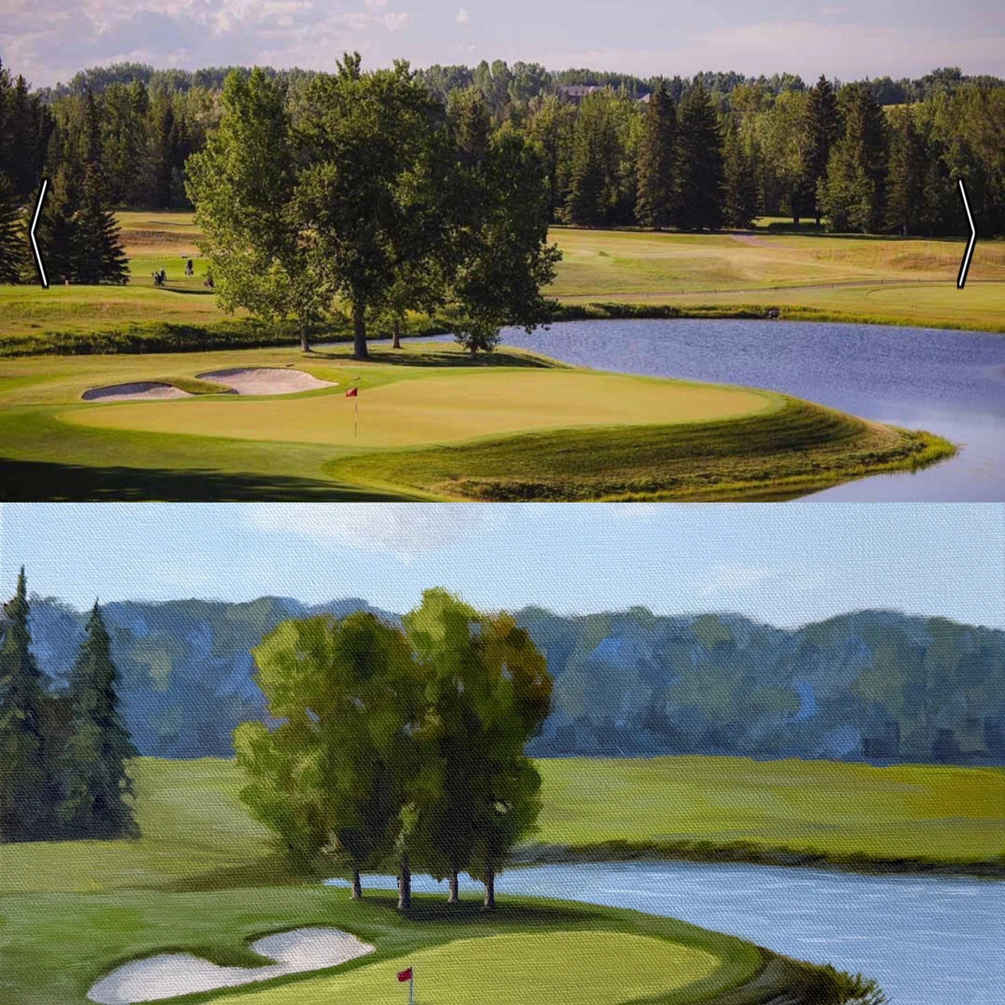 Two views of a golf course with green grass, sand bunkers, water hazards, and numerous trees, including a large tree in the foreground near the water.