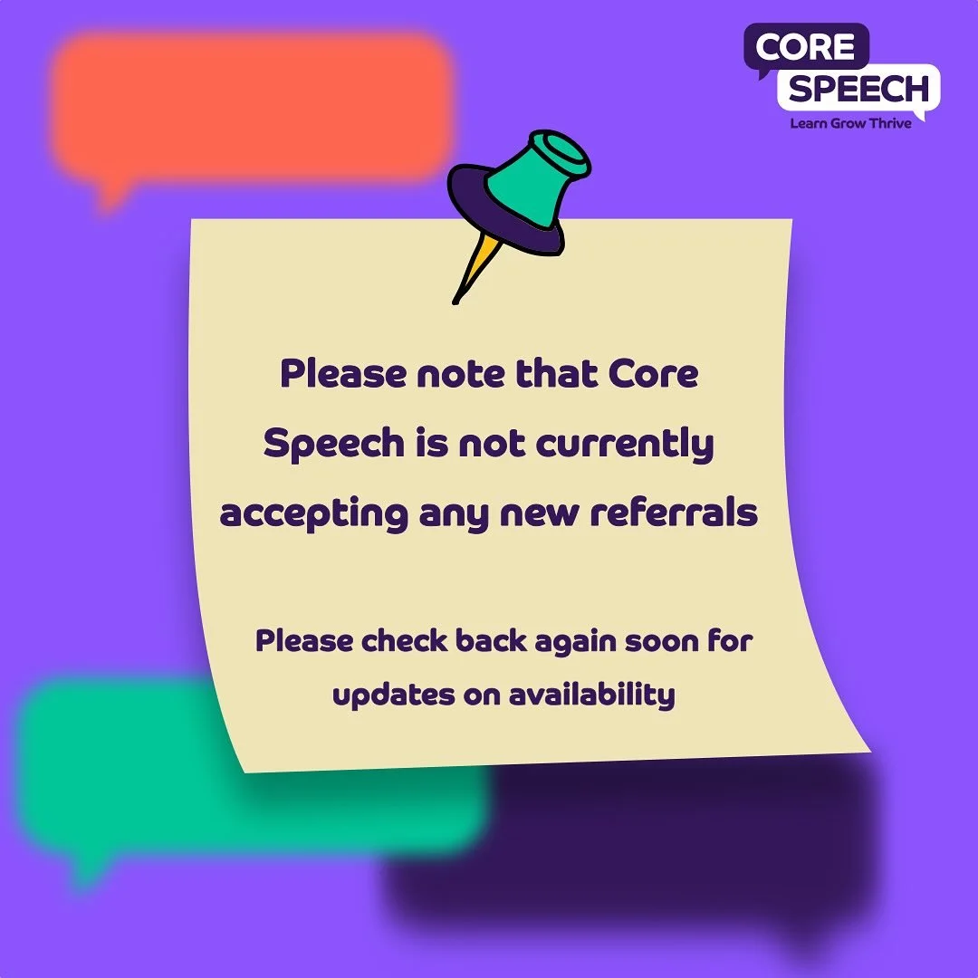 Please note that Core Speech is not currently accepting any new referrals. 

We are privileged to be able to continue to support existing children and their families as they embark on new adventures in nursery and school this coming September. 

Plea