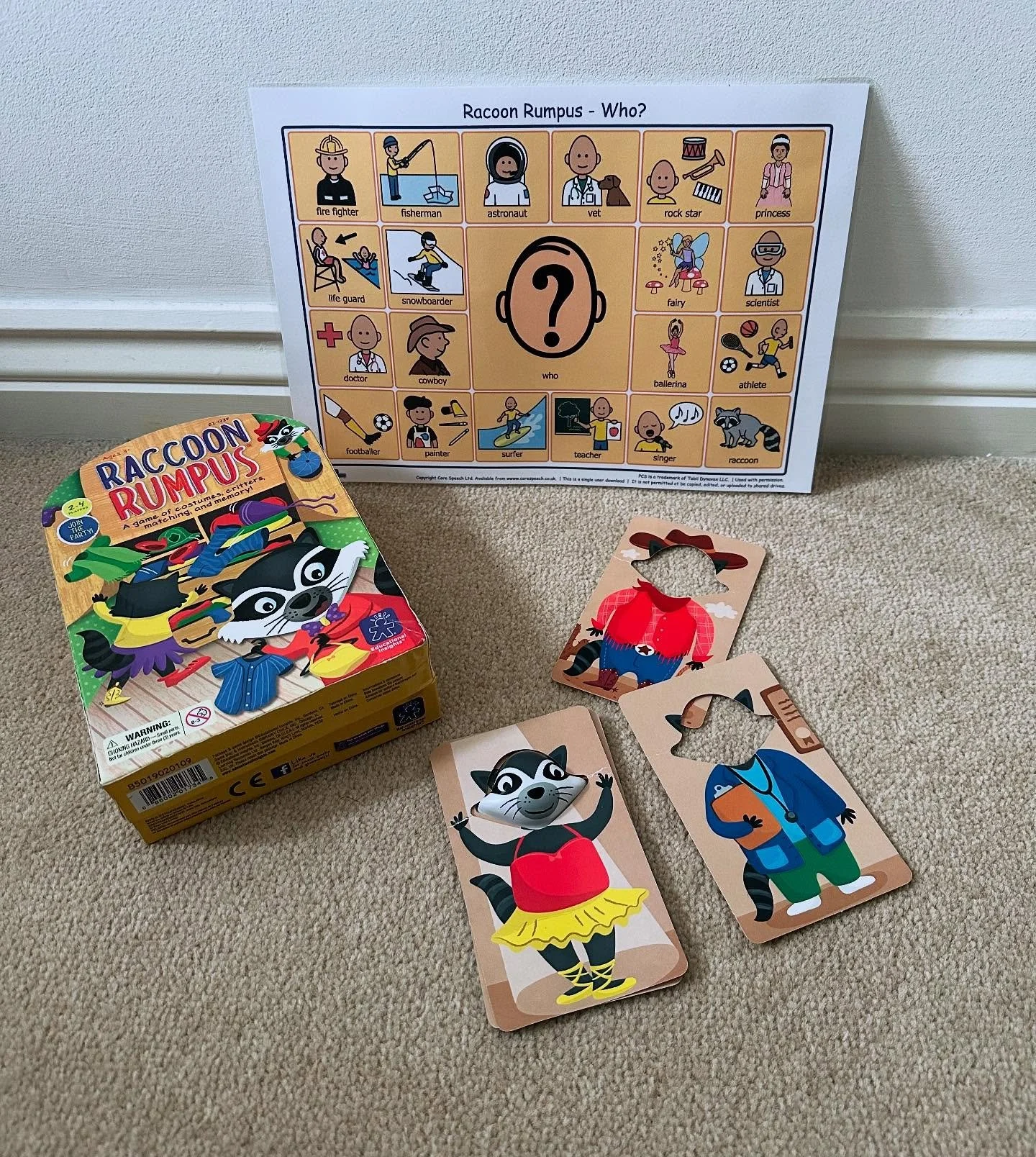 ❓ ❓ WHO ❓ ❓ 

This week we have been working on understanding and answering &lsquo;Who?&rsquo; questions. 

This Racoon Rumpus game is perfect for this as you roll the dice and find out which outfit your racoon needs to wear. 

I paired it with a com