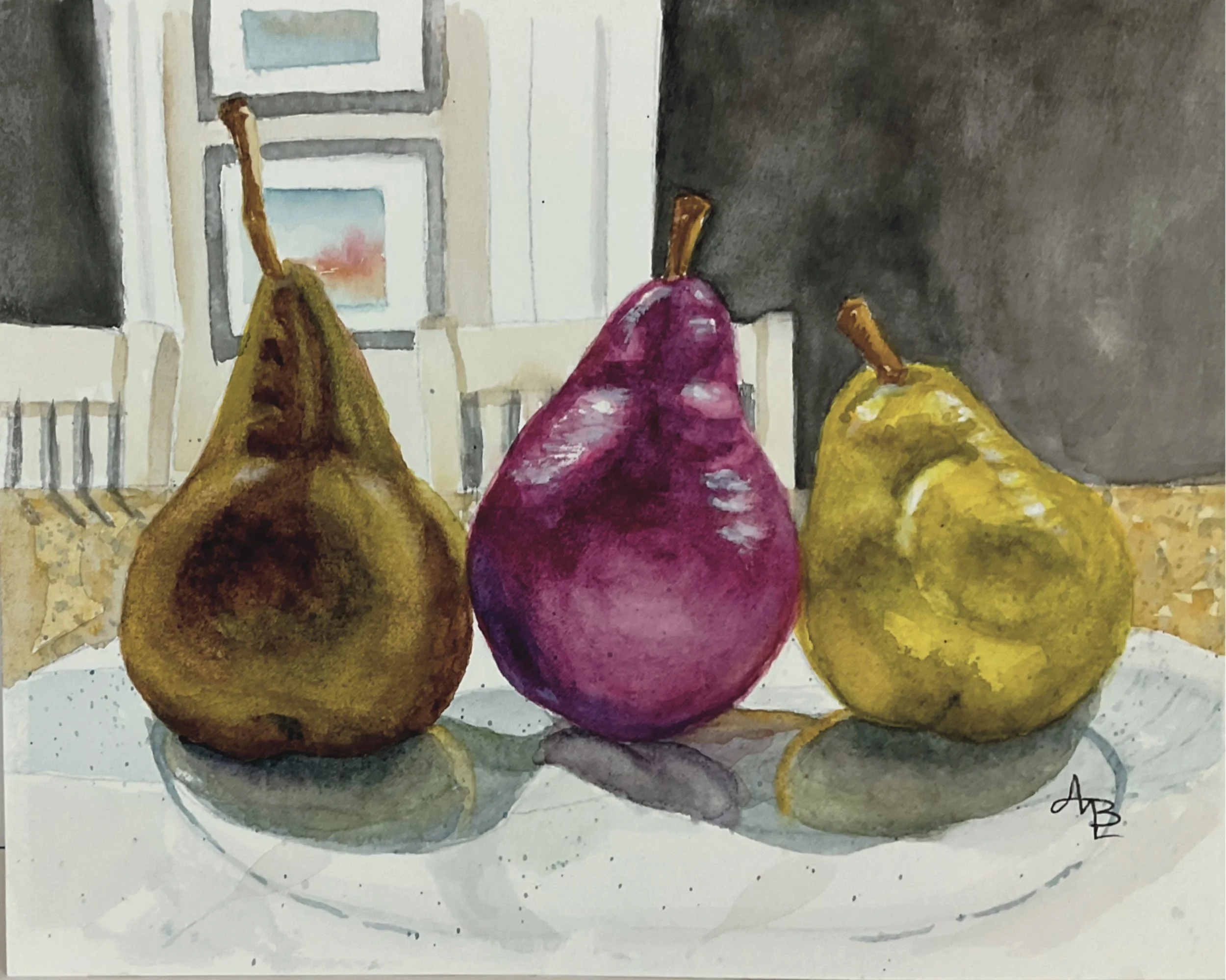 Watercolor painting Perfectly Aligned by Amy Boardman depicting three pears—brown, red, and yellow—arranged in a row with architectural columns and framed pictures softly visible in the background.