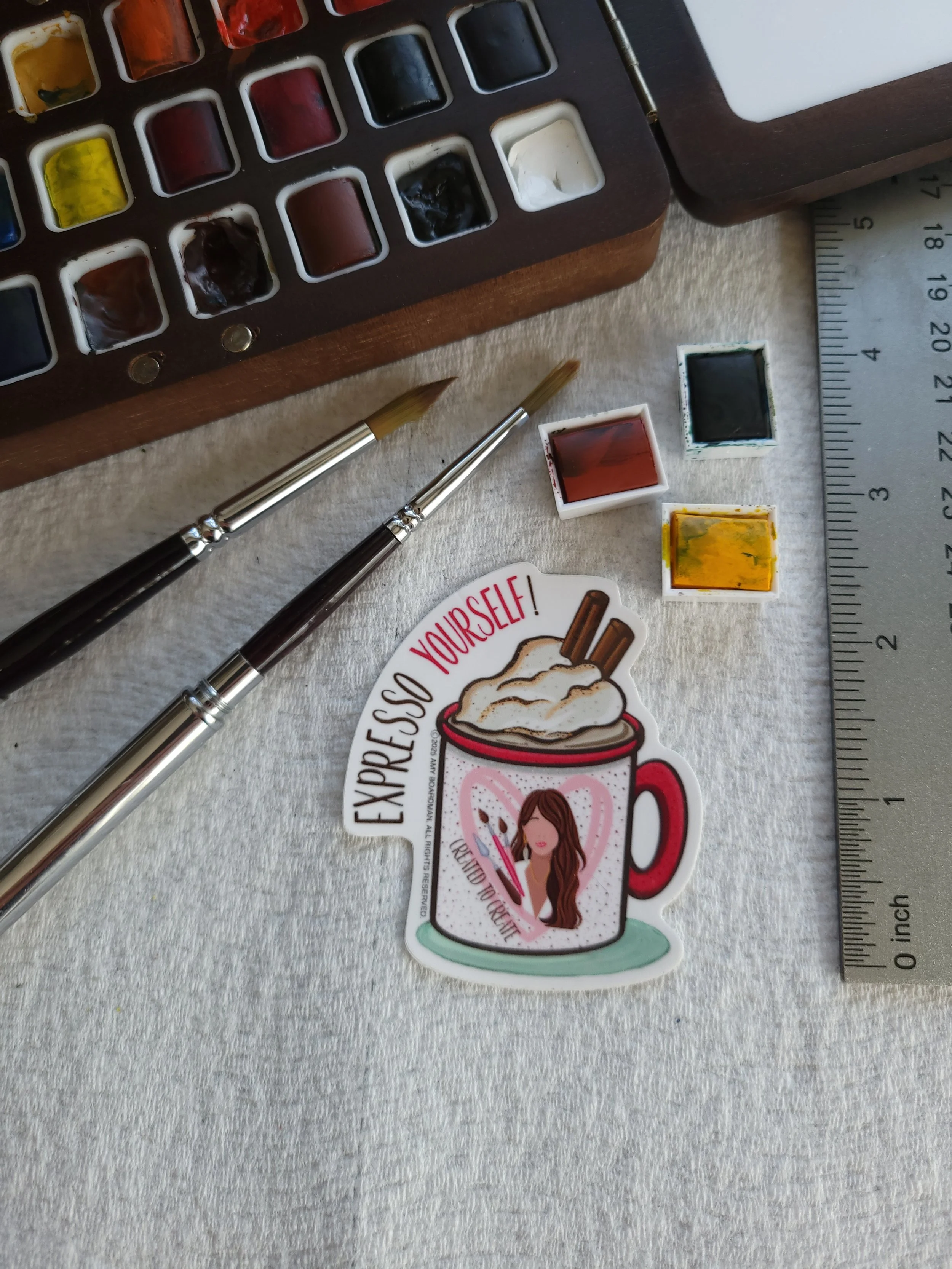 "Expresso Yourself" Pink Coffee Mug | Watercolor Vinyl Sticker