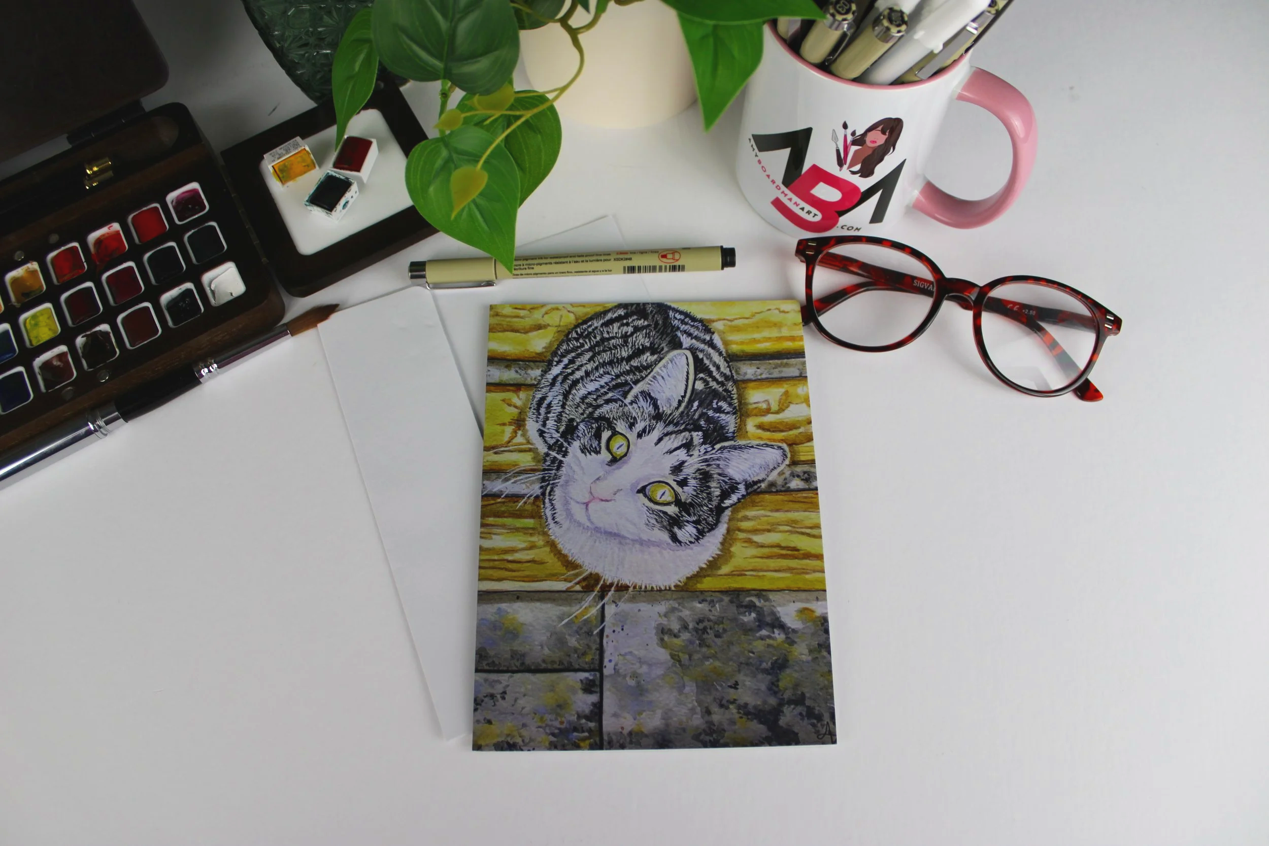 'Quietly  Seeking' 5x7 frameable watercolor greeting card of a gray and white tabby cat looking up, by Huntsville artist Amy Boardman