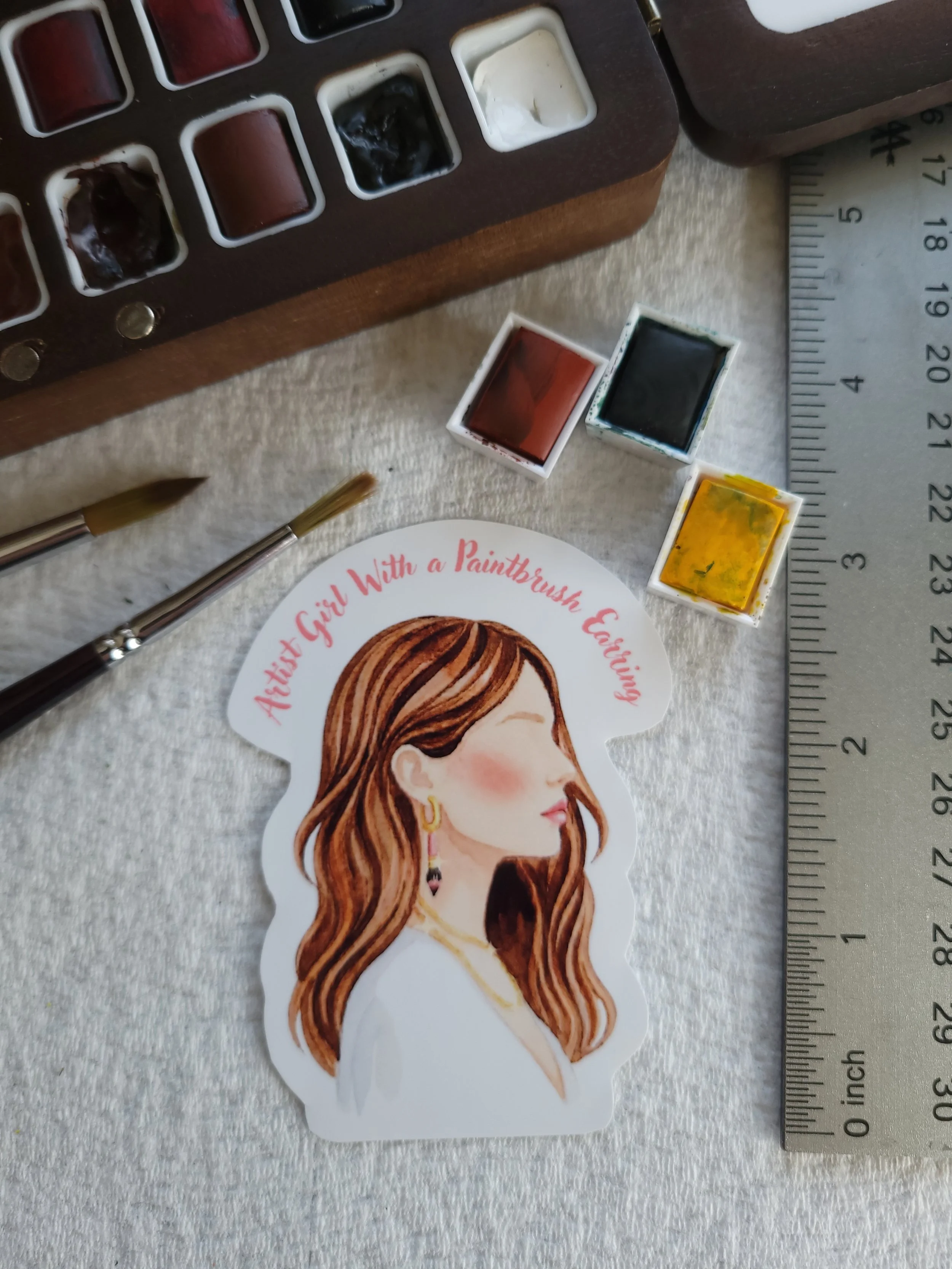 Artist With A Paintbrush Earring | Signature Modern Watercolor Vinyl Sticker of Female Artist