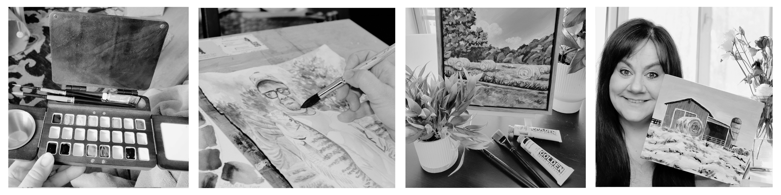 A collage of four black and white photos showing art and creative activities. The first photo captures an art palette with paint containers. The second shows a person sketching a portrait on paper. The third features a landscape painting on a digital tablet with art supplies nearby. The fourth is a woman smiling, holding a painting of a rural barn scene.