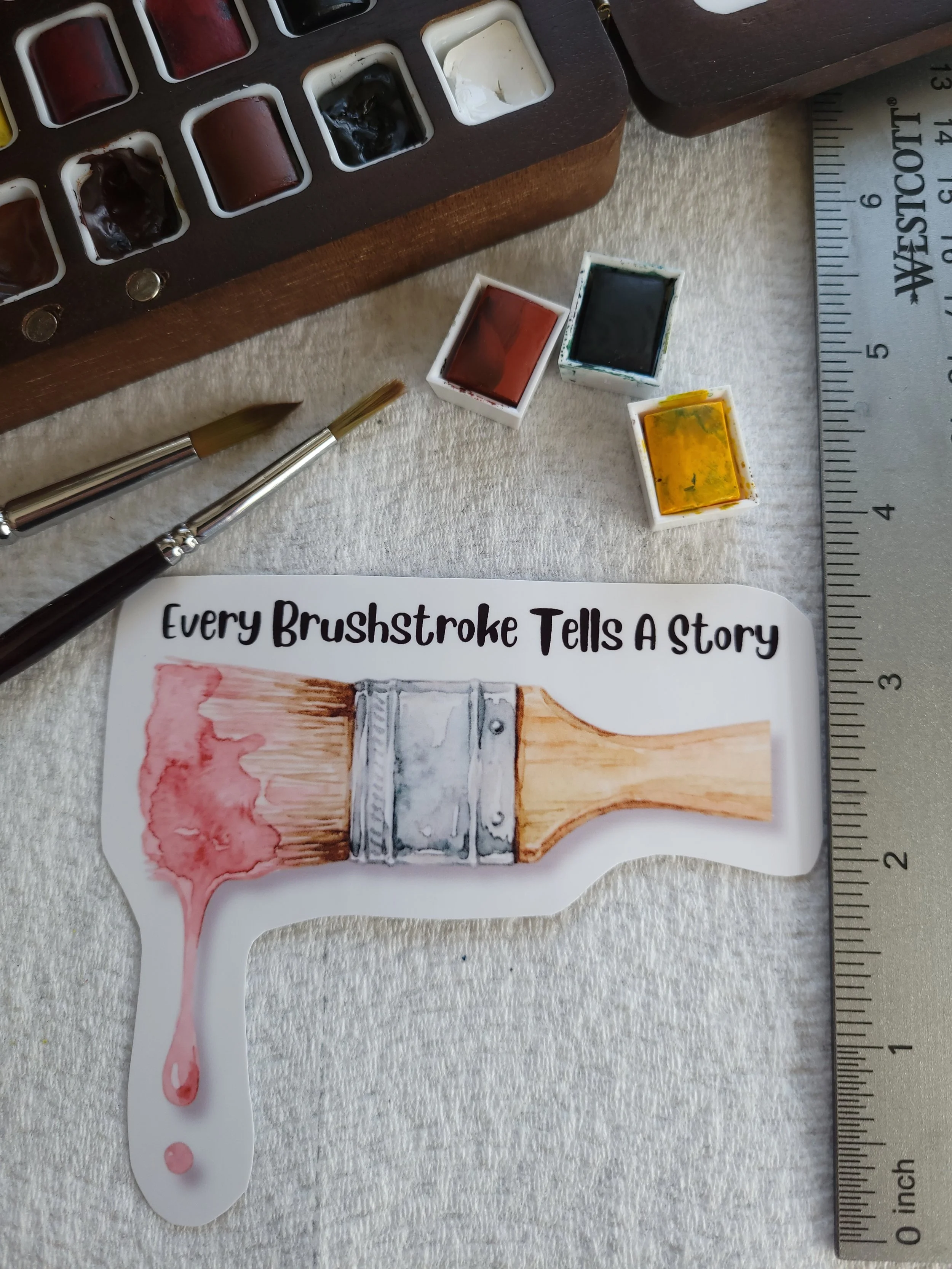 "Every Brushstroke Tells A Story" Watercolor Paintbrush | Vinyl Sticker | 4.25 inches x 3.25 inches