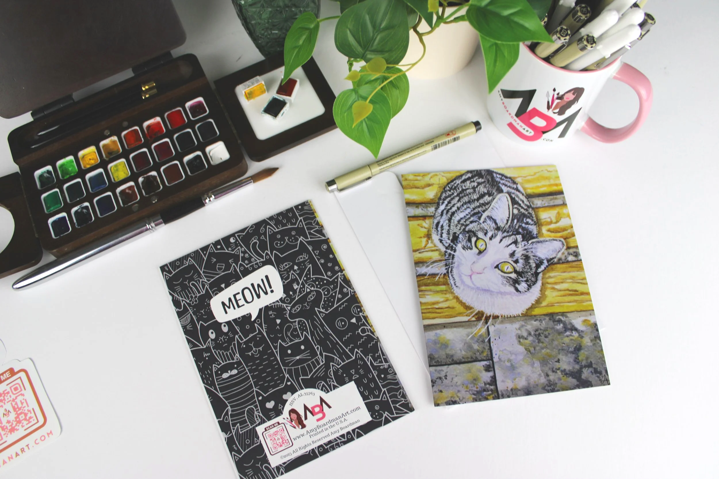 "Quietly Seeking" 5x7 frameable watercolor greeting card of a gray and white tabby cat looking up, by Huntsville artist Amy Boardman Art. Front View, Back View, and Envelope