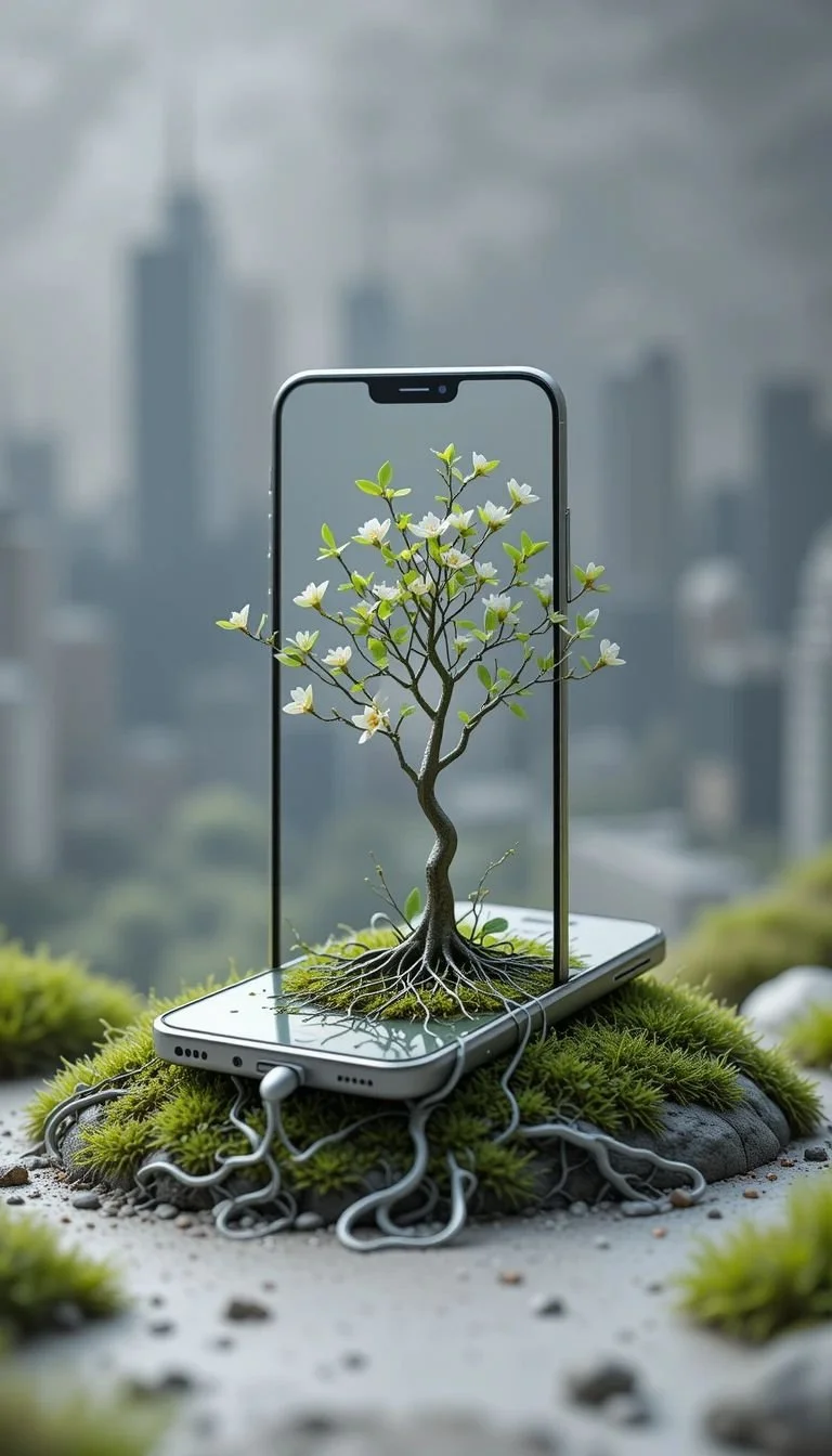 Phone with tree roots coming out of screen