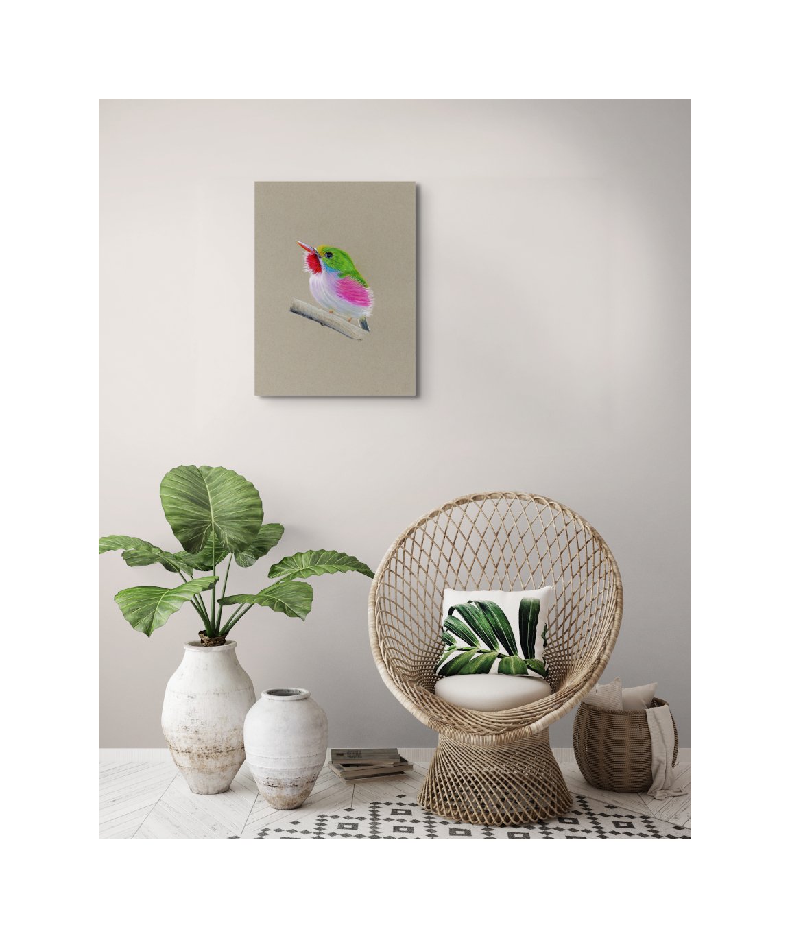 CUBAN TODY - 1.25" Stretched Canvas Art Print Featuring the Vibrant Pink, Green, Red and White Colours of a Cuban Tody Sitting on a Branch. Brighten Your Room With a Colourful Piece of Art.