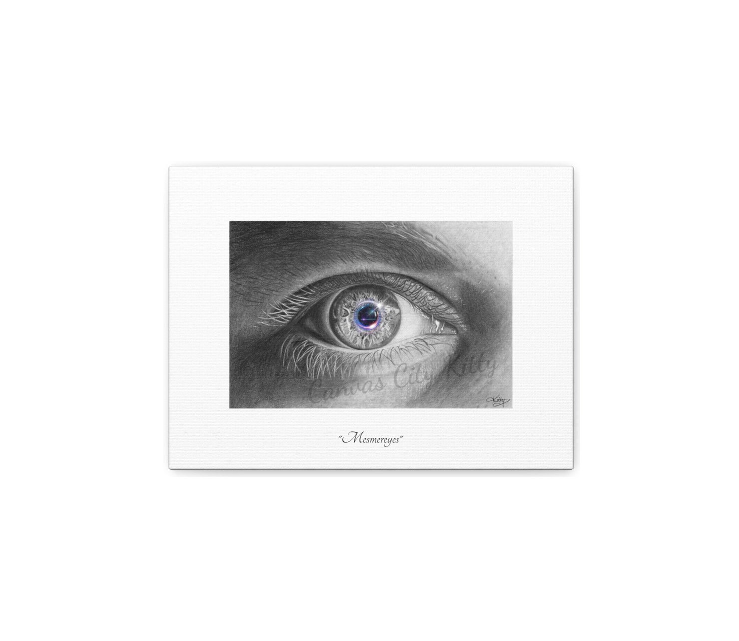 MESMEREYES - 1.25" Stretched Canvas Fine Art Print - Hypnotizing Eye Art Done in Pencil With a Colourful Ring Around the Pupil, Symbolizing the Hypnotic Effect of Eye Contact With the Right Person.