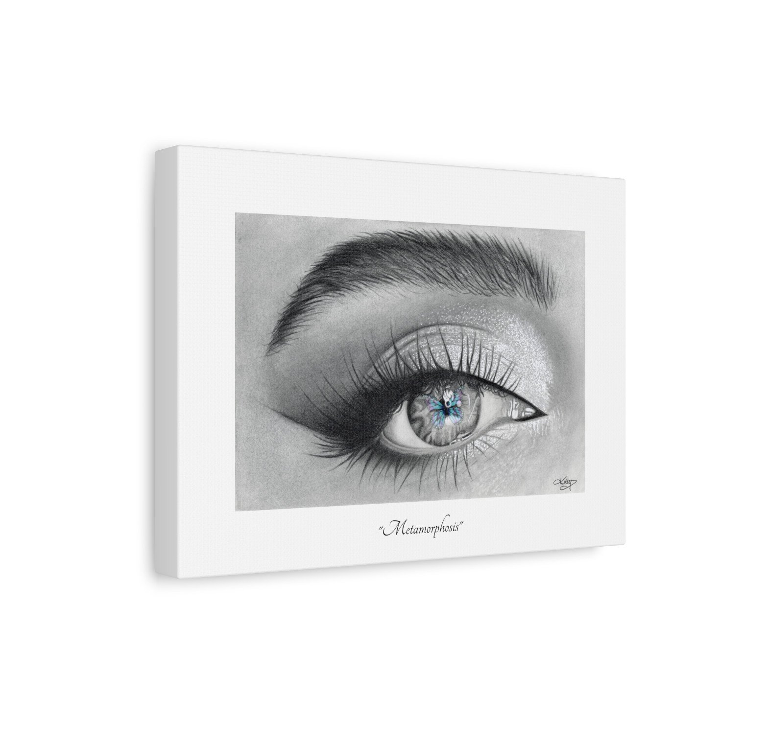 METAMORPHOSIS - 1.25" Stretched Canvas Fine Art Print - Eye Art Created Using Pencil, With a Vibrant Coloured Butterfly on the Pupil, Signifying a Beautiful Transformation of the Soul.