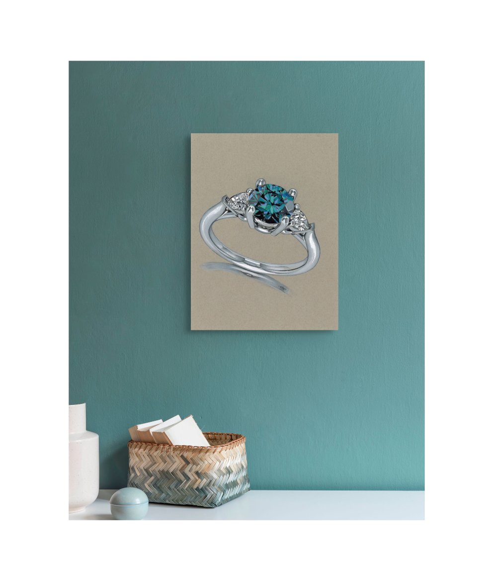 BLUE DIAMOND - 1.25" Stretched Canvas Wall Art Print of a Colour Pencil Drawing of A Captivating Blue Diamond With Two Clear Accent Diamonds. Original Art Done in Colour Pencil.