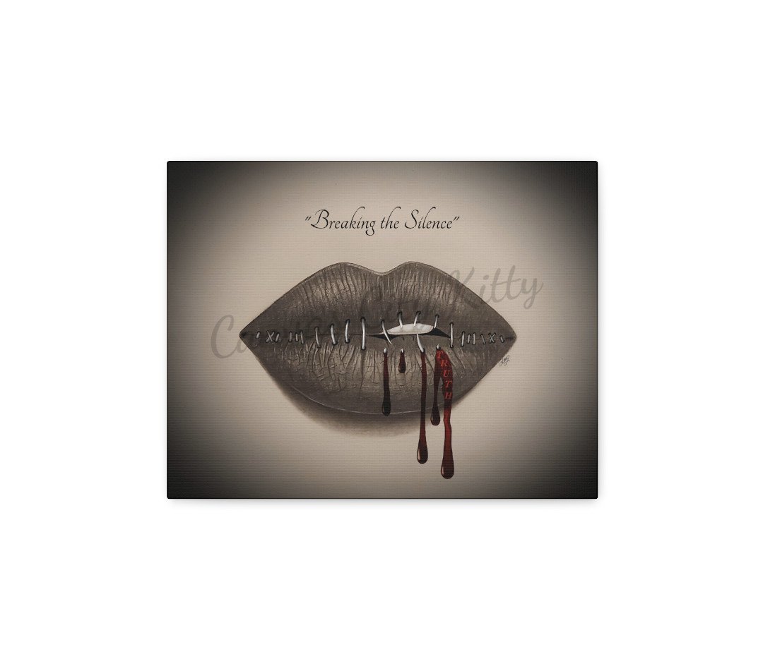 BREAKING THE SILENCE (with text) - 1.25" Canvas Fine Art Print With a Powerful Message That Breaking the Silence Can Hurt, But It Can Be Empowering. Original Art Done in Pencil and Digital Art.