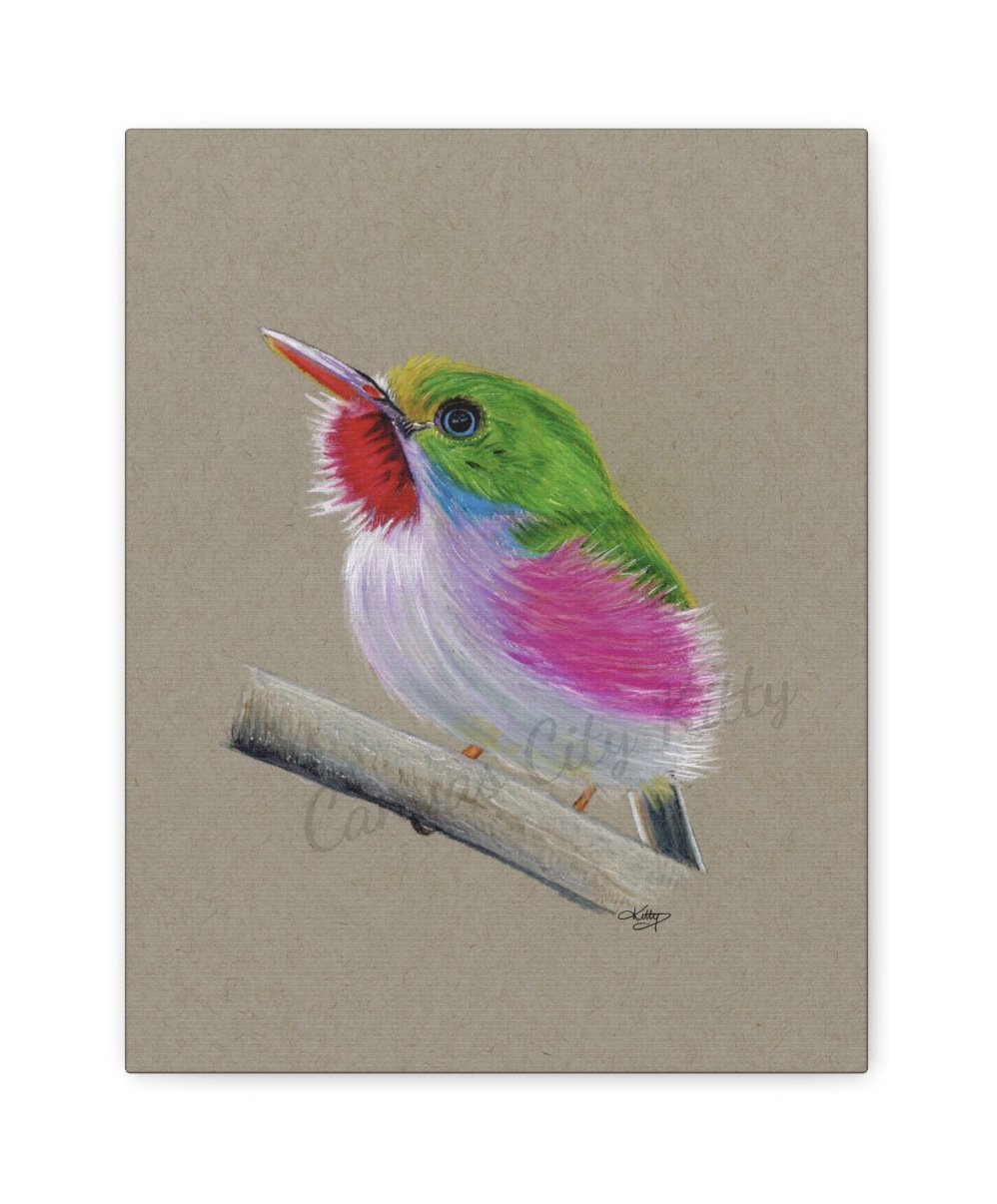 CUBAN TODY - A Vibrantly Colourful Canvas Art Print Featuring a Pink, Green, Red and White Coloured Cuban Tody, Sitting on a Branch. Original Artwork Done in Colour Pencil.